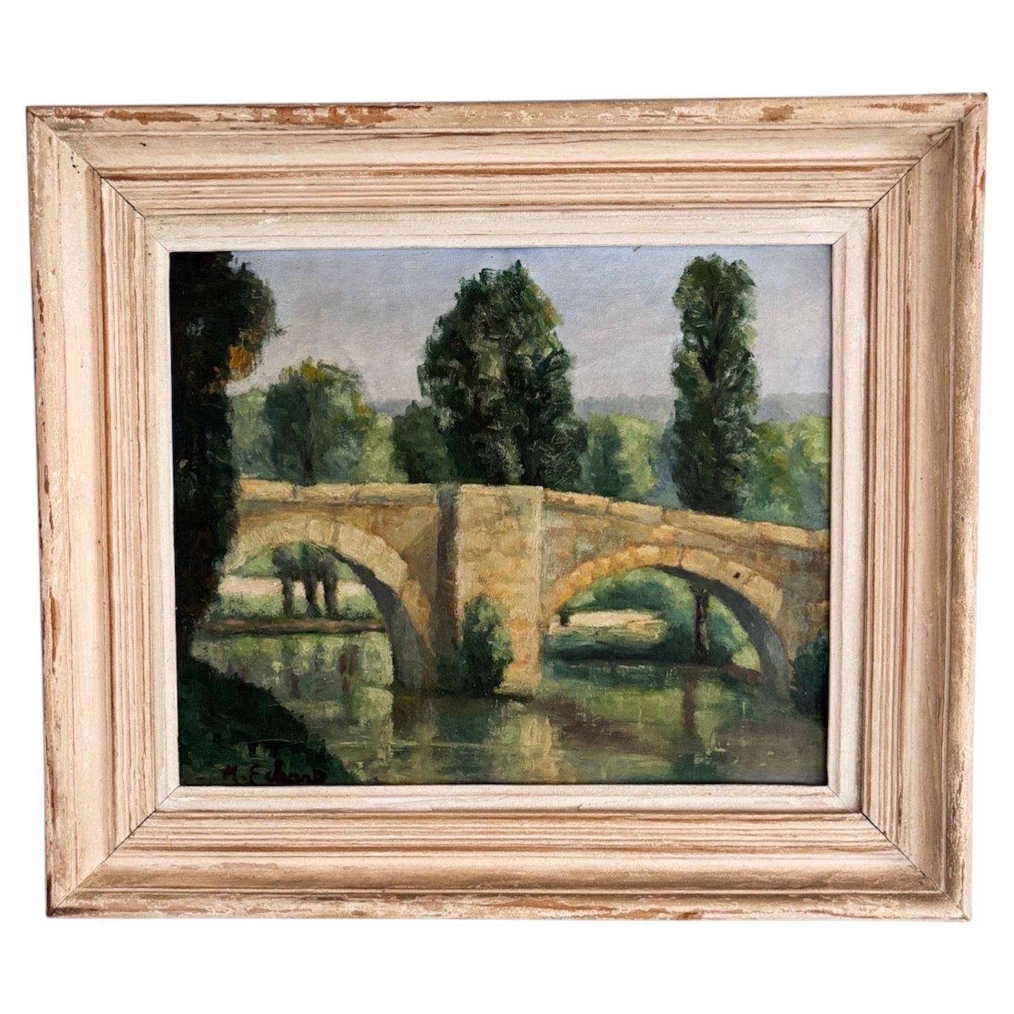 Oil on Canvas French Post-Impressionist Landscape – The Old Stone Bridge, C 1950