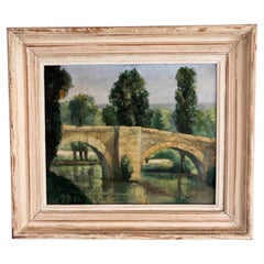 Oil on Canvas French Post-Impressionist Landscape – The Old Stone Bridge, C 1950