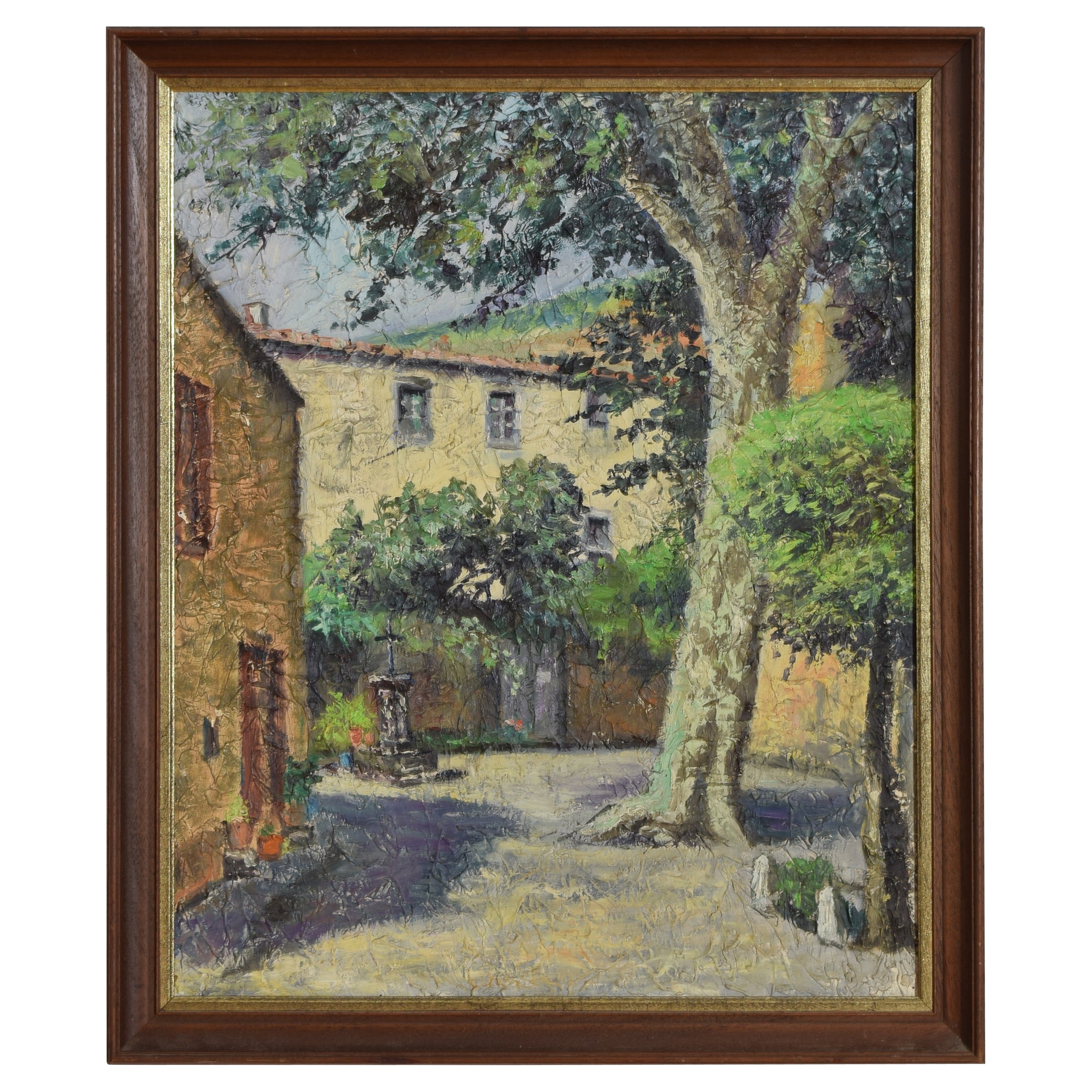 Oil on Canvas, French Provincial Courtyard with Plane Tree, Mid 20th century For Sale