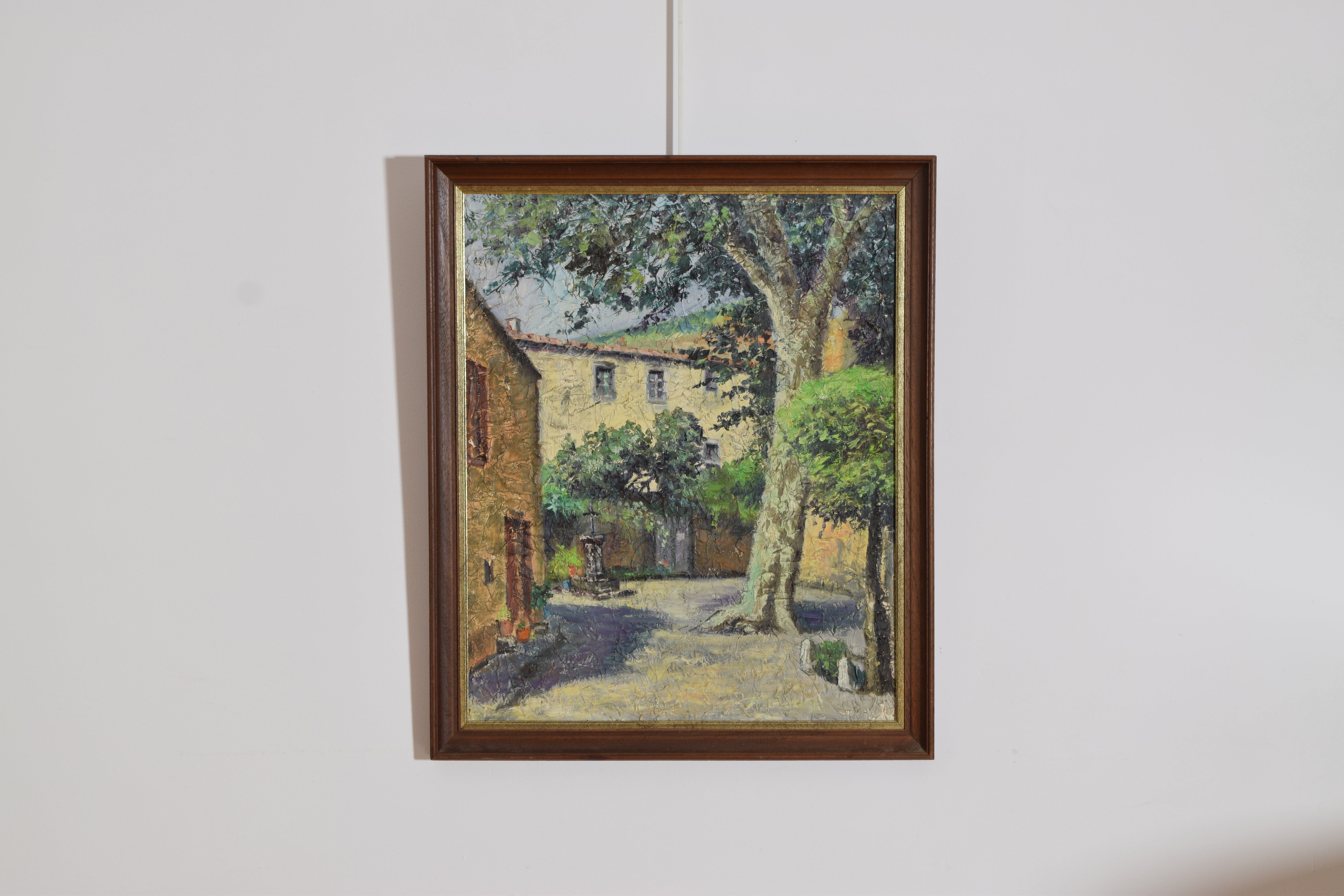 Oil on Canvas, French Provincial Courtyard with Plane Tree, Mid 20th century