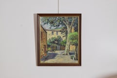 Oil on Canvas, French Provincial Courtyard with Plane Tree, Mid 20th century