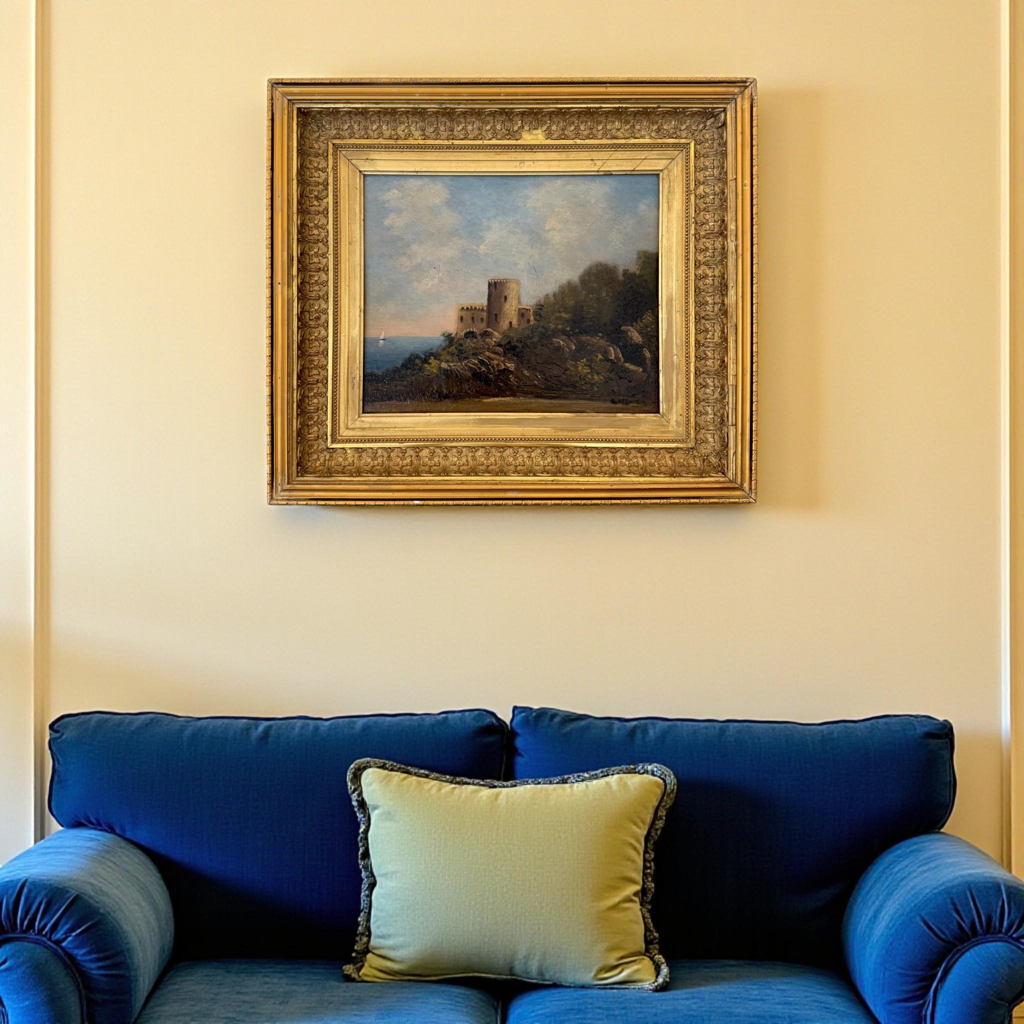 Huile sur toile du XIXe si�ècle représentant une majestueuse vue côtière de la Côte d'Azur, avec une forteresse probablement située entre Nice et Saint-Tropez, posée au-dessus du rivage ensoleillé de la Méditerranée.
Rendu avec une sensibilité