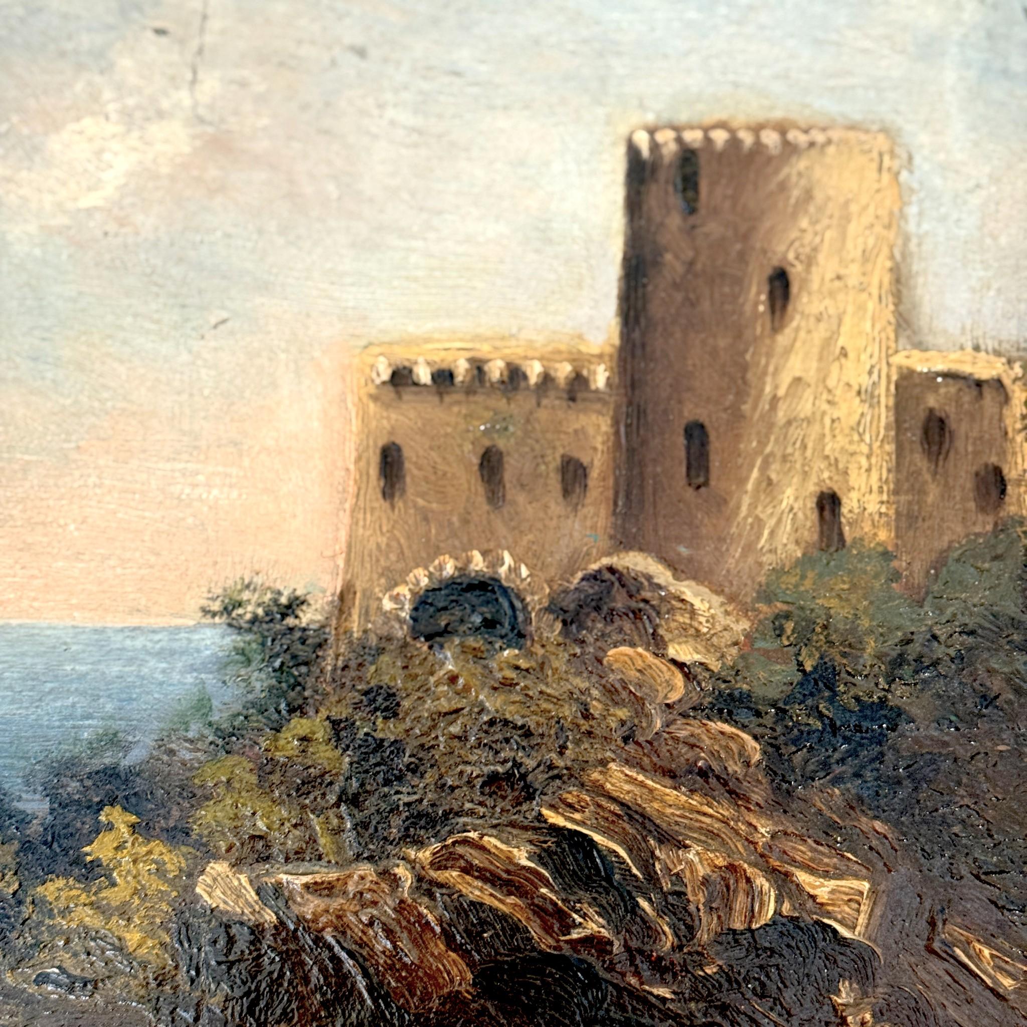Huilé Huile sur toile, Côte d'Azur avec forteresse, signée, 19e siècle en vente
