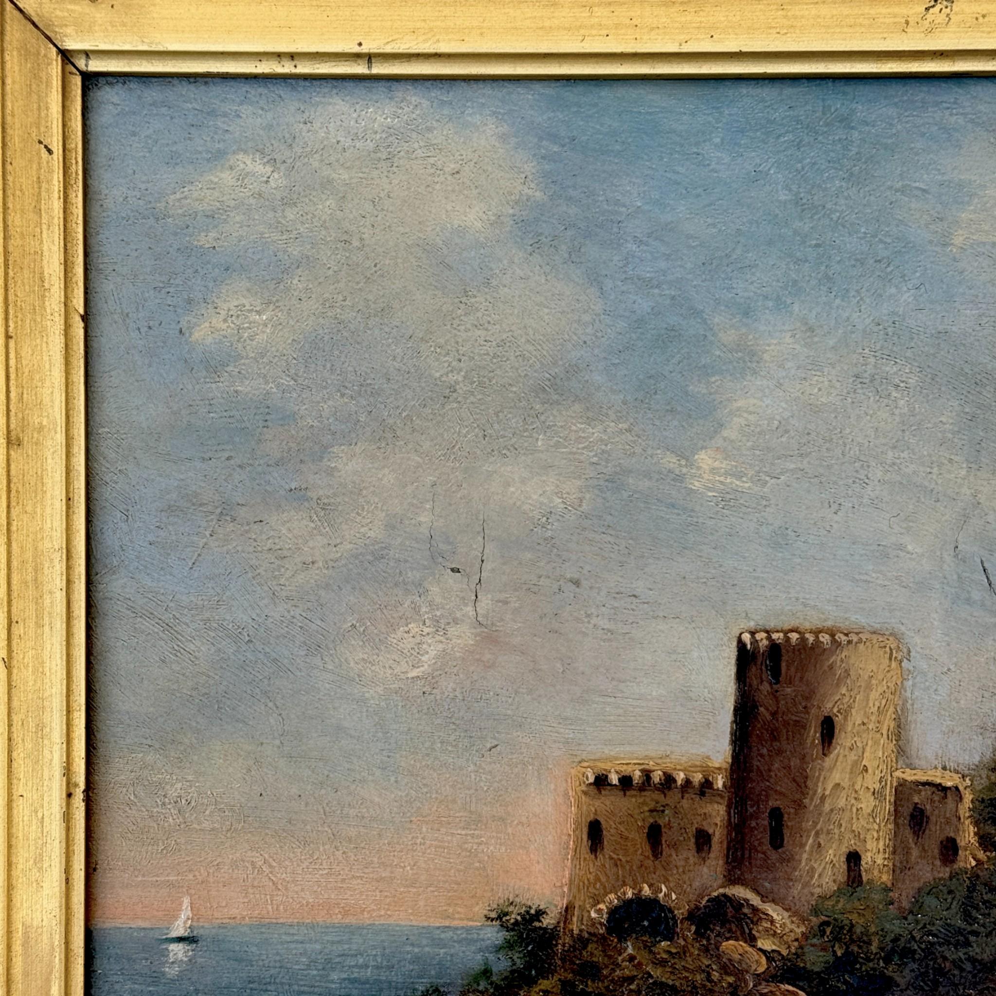 Huile sur toile, Côte d'Azur avec forteresse, signée, 19e siècle Bon état - En vente à NICE, FR