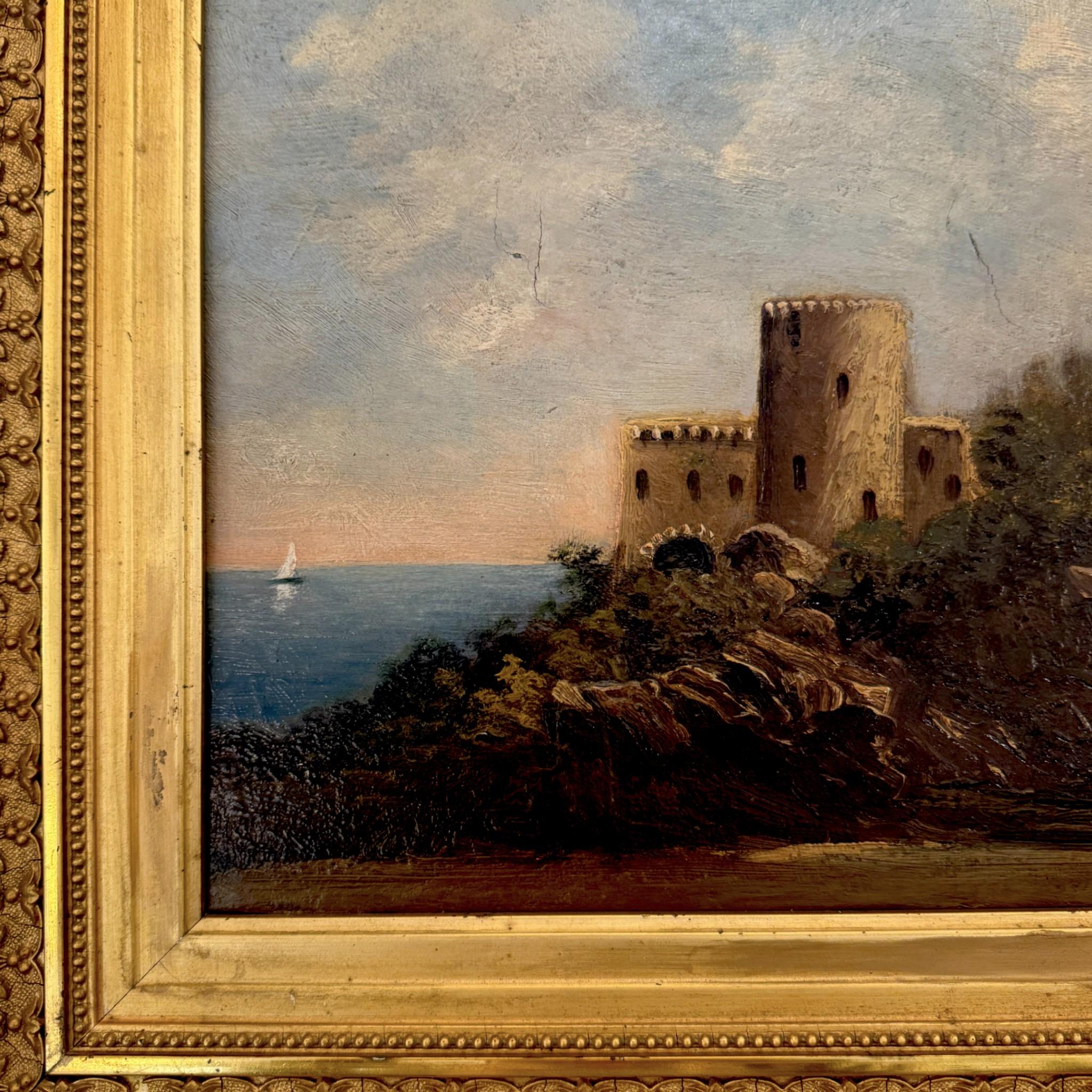 Fin du XIXe siècle Huile sur toile, Côte d'Azur avec forteresse, signée, 19e siècle en vente
