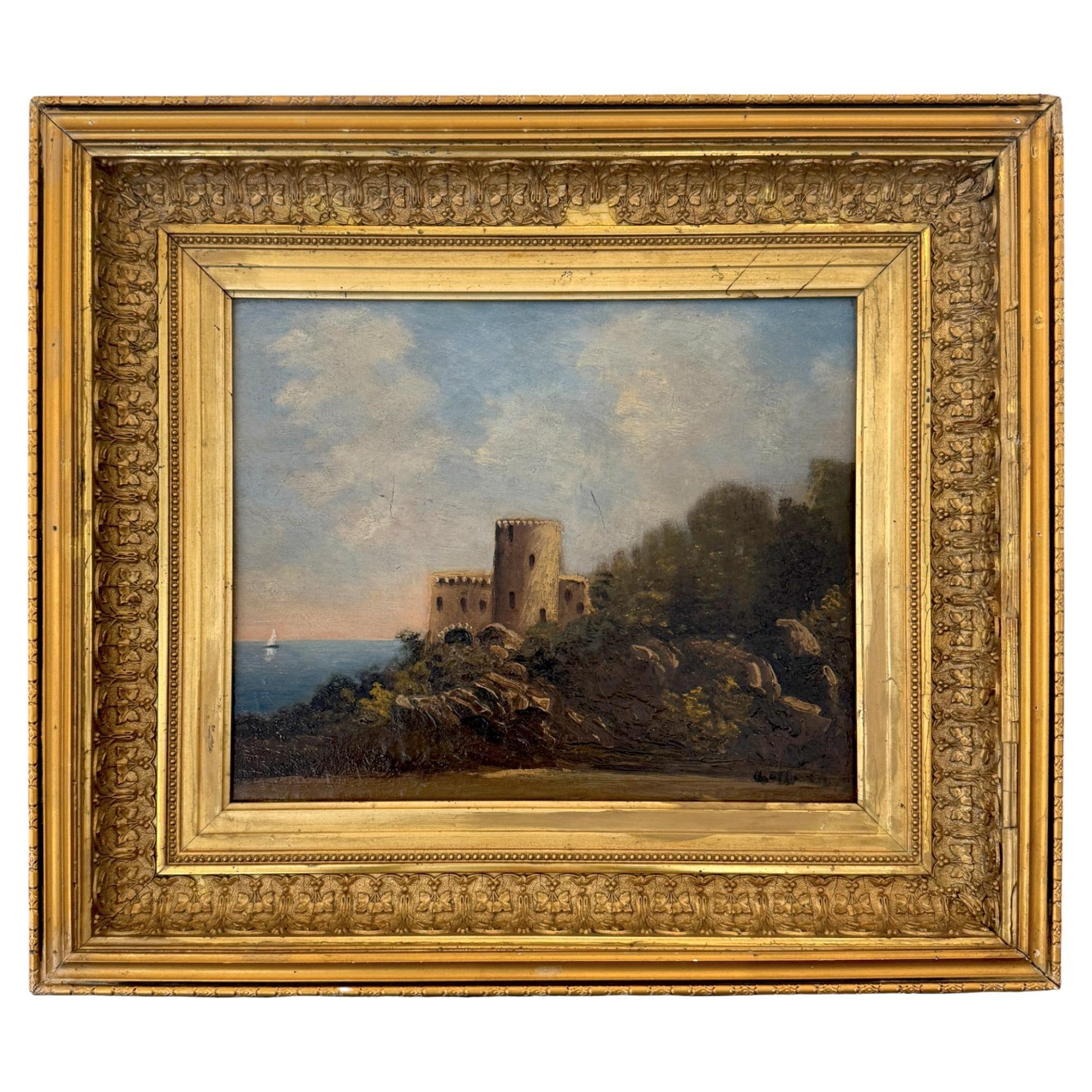 Huile sur toile, Côte d'Azur avec forteresse, signée, 19e siècle en vente