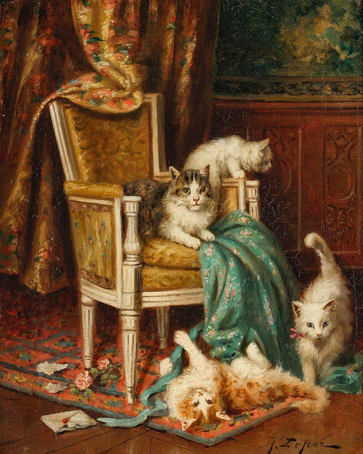 Oil on canvas from the 19th Century, Cats in a Salon, with its Swan Neck Easel.

Painting, Oil on canvas, French work of the 19th century, signed Jules Le Roy (1833-1865), representing cats in a living room of the 19th century, gilded stucco frame,