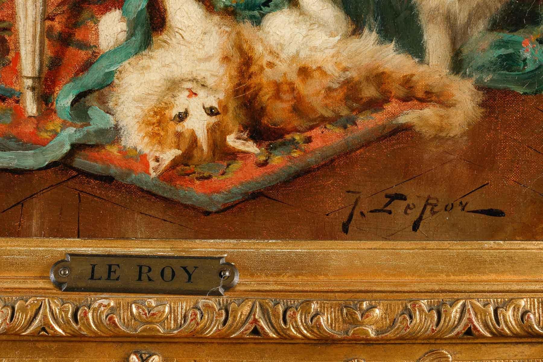 French Oil on Canvas from the 19th Century, Cats in a Salon, with its Swan Neck Easel.