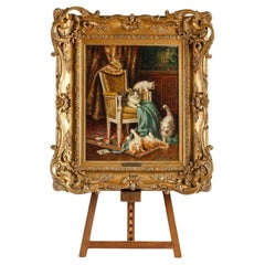 Huile sur toile du XIXe siècle, Chats dans un salon, avec son chevalet à col de cygne.