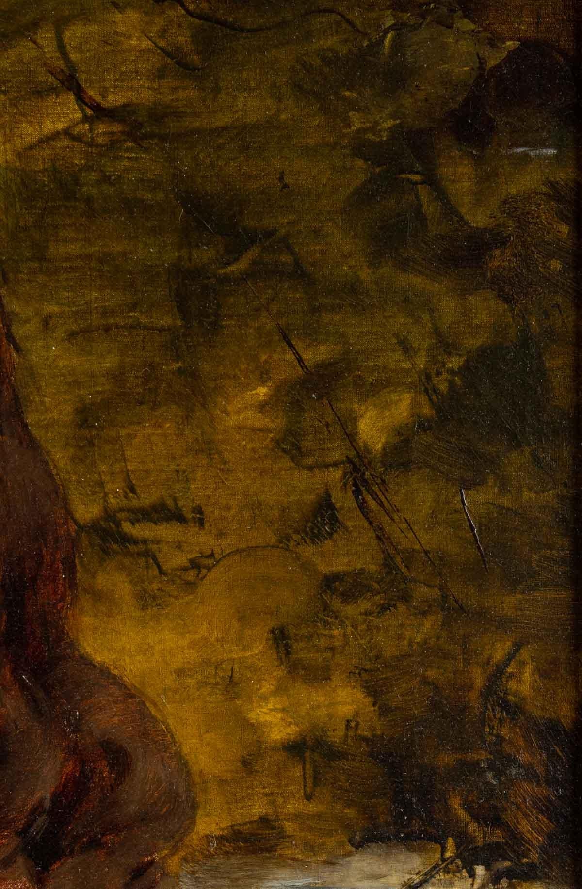 Huile sur toile du 19ème siècle, signée.
Peinture - H : 73 cm, L : 57 cm
Cadre - H : 95 cm, L : 82 cm, P : 4,5 cm, signé.
 