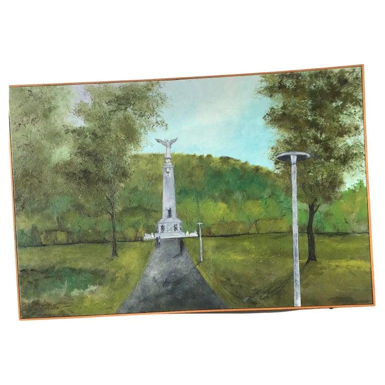 Oil on Canvas by Gilles Gosselin; Titled: Parc Jeanne Mance Georges Etienne Cartier Monument. Sgned Gilles Gosselin on recto (bottom right); dated 1990 on verso. Unframed size 22” h x 48” w. Framed size 22.5