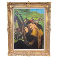 Olio su tela "Gitane con un mandolino" Firmato e datato 67