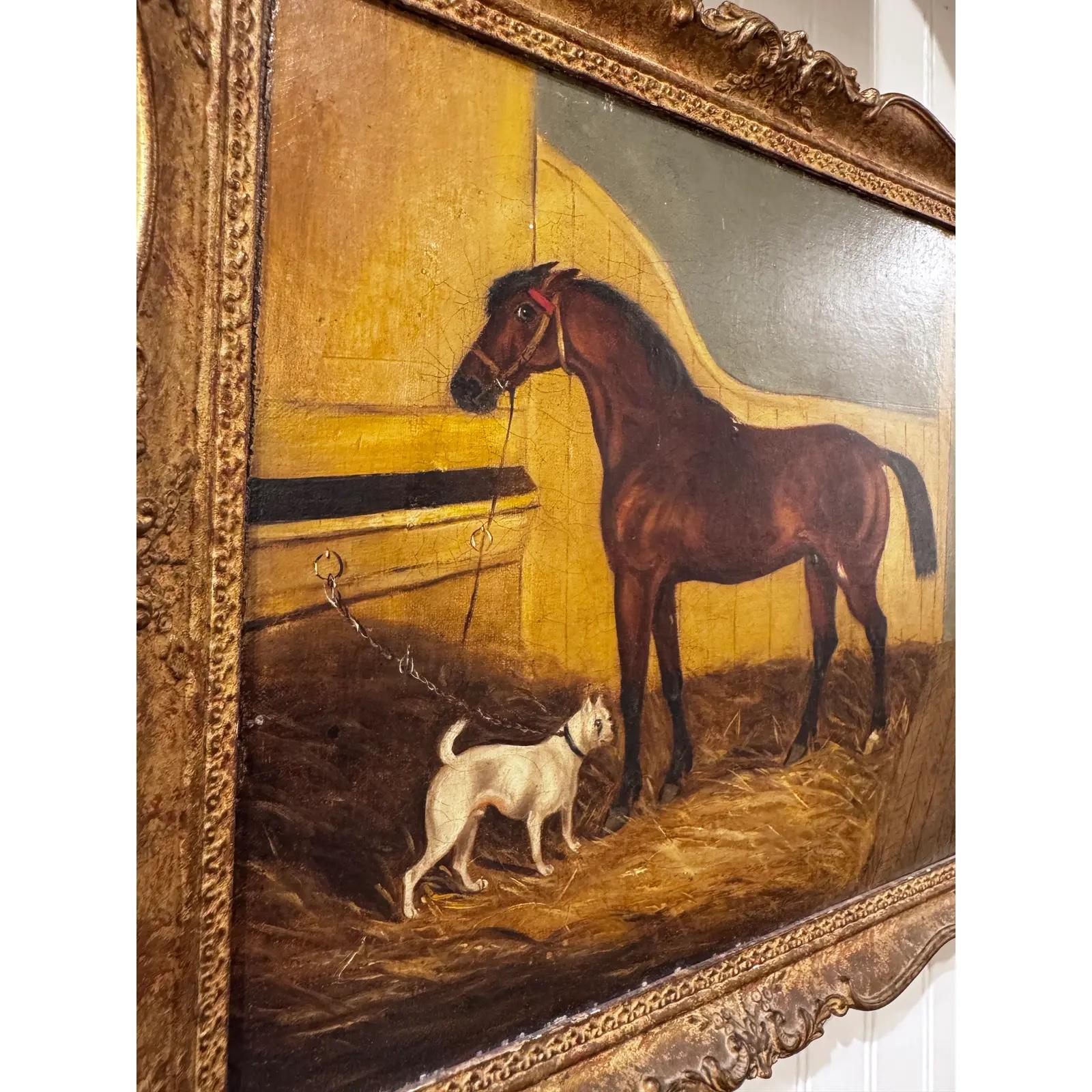 Óleo sobre lienzo Caballo y perro blanco en Bueno estado para la venta en Nashville, TN