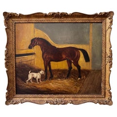 Antique Oil on Canvas Horse and White Dog