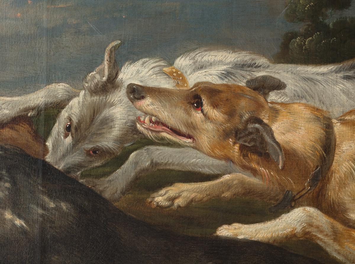 Ölgemälde auf Leinwand; Hunde, die einen Hirsch chainen, Studio von Frans Snyders, Antwerpen 1579-1657 (Belgisch) im Angebot
