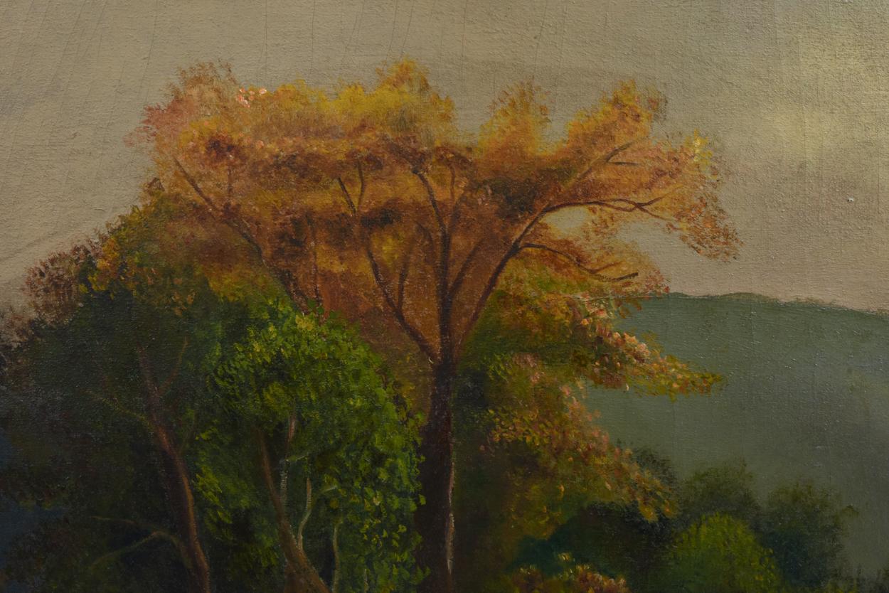 American, 19th-early 20th century, Hudson Valley river school painting oil on canvas by Jessie a rice caldwell. The painting measure about 23 inches x 36 inches. The frame is about 28 inches x 42 inches.
Info verso: Painted as a present for her