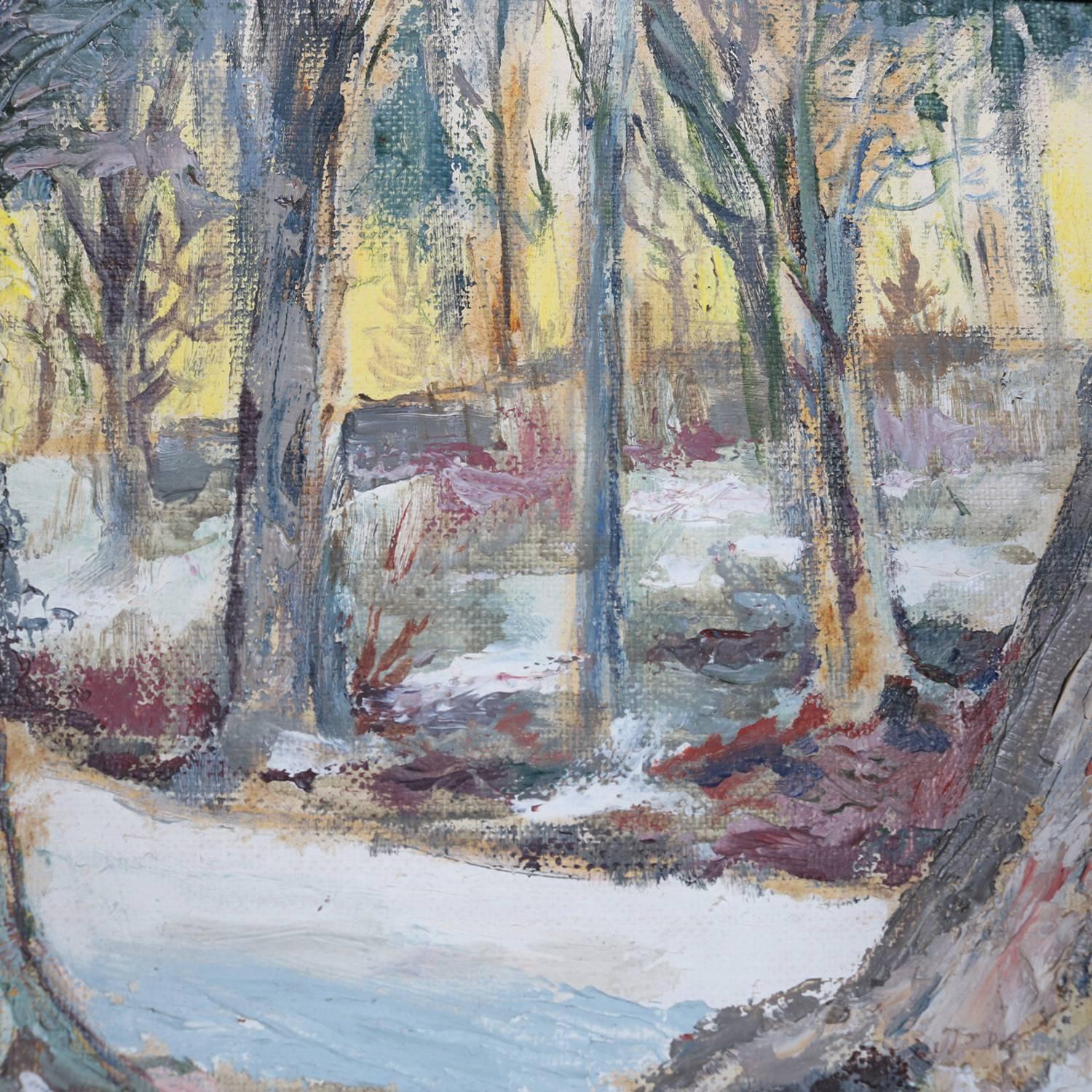Oil on canvas impressionist landscape painting of woodland winter scene with stream, signed lower left MM, 20th century

Measures - fr: 15.25