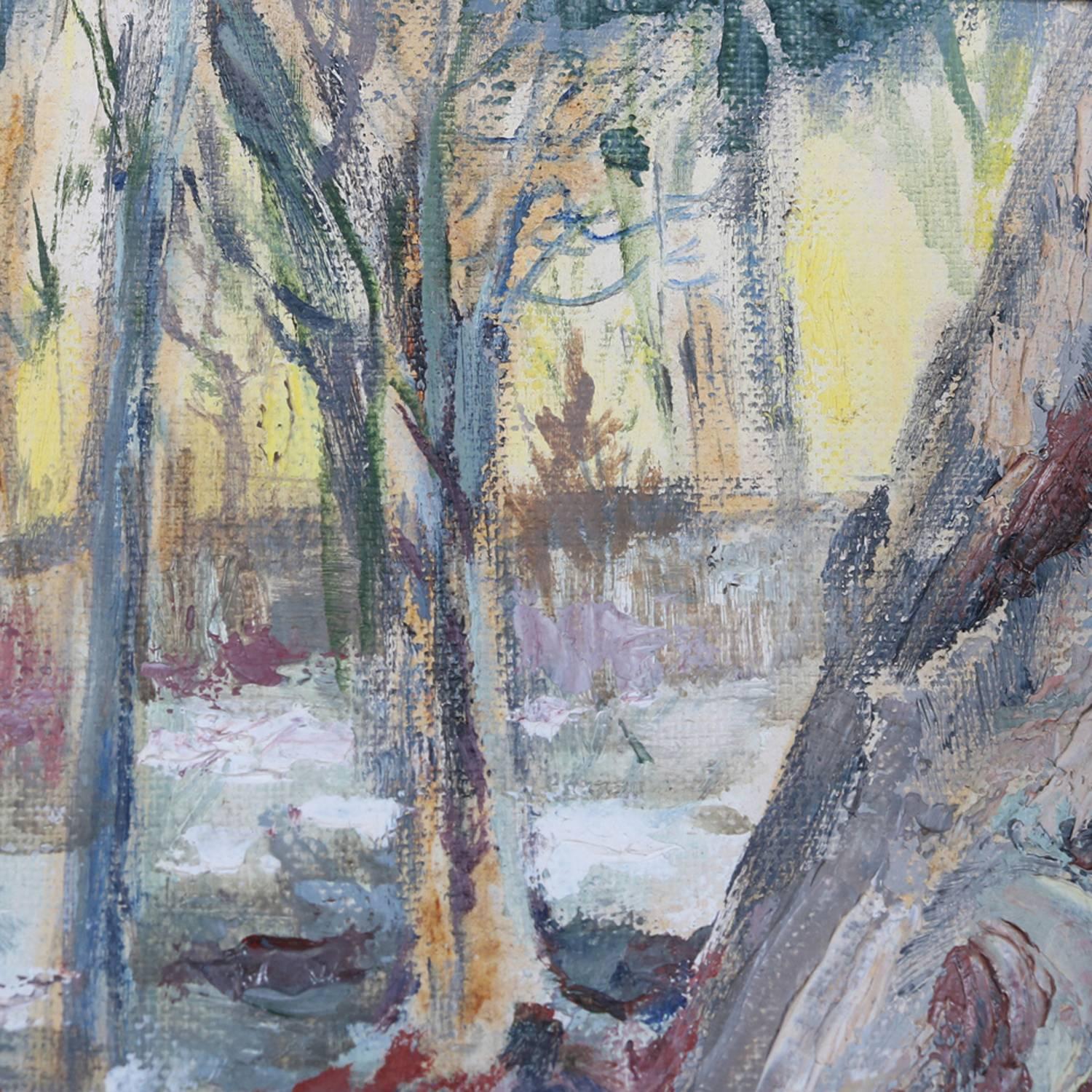 Hand-Painted Oil on Canvas Impressionist Landscape Painting of Winter Scene, 20th Century