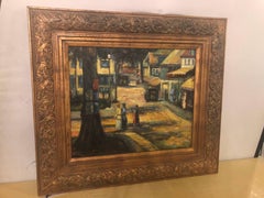 Oil on Canvas Impressionistic Street Scene in a Gilt Frame Signed Monica