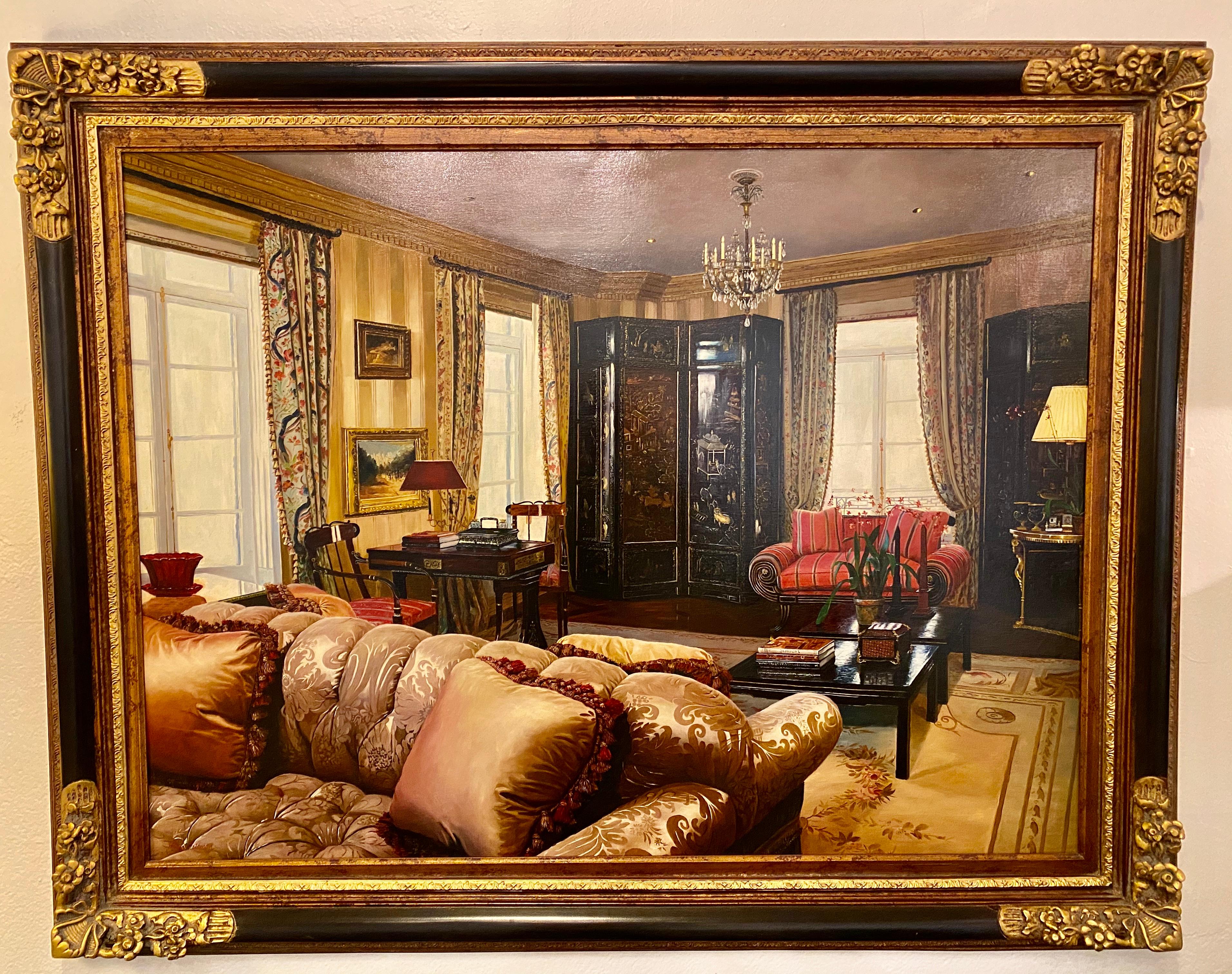 Oil on canvas interior home design in a custom frame. The painting signed Feldman. This striking interior painting is certain to add style and glamour to any room in the home. The ebony and parcel gilt designed frame flanking a finely done oil