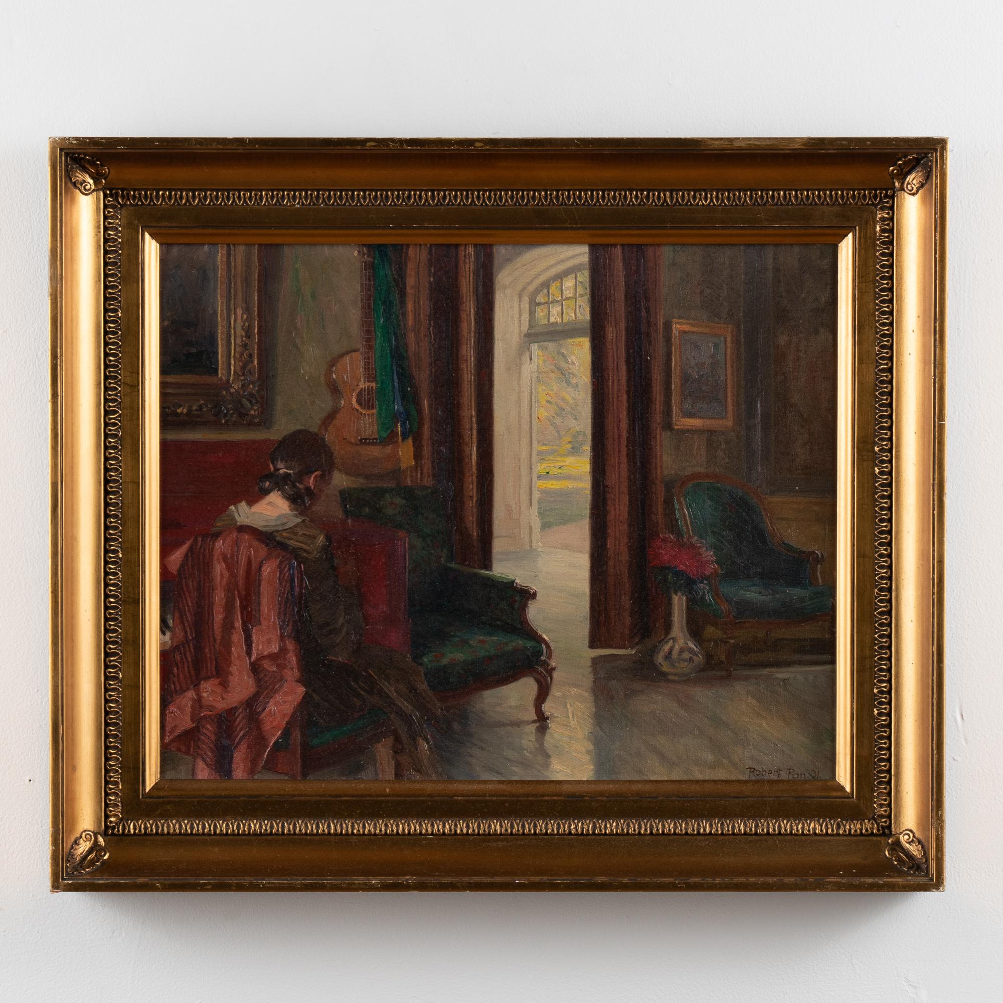 Original oil on canvas painting of living room interior with a girl. Signed and dated Robert Pan 31.
Condition: In need of a light surface cleaning. Minor scratches/scuffs to frame.
Robert Gustav Otto Panitzsch was born in the USA but later