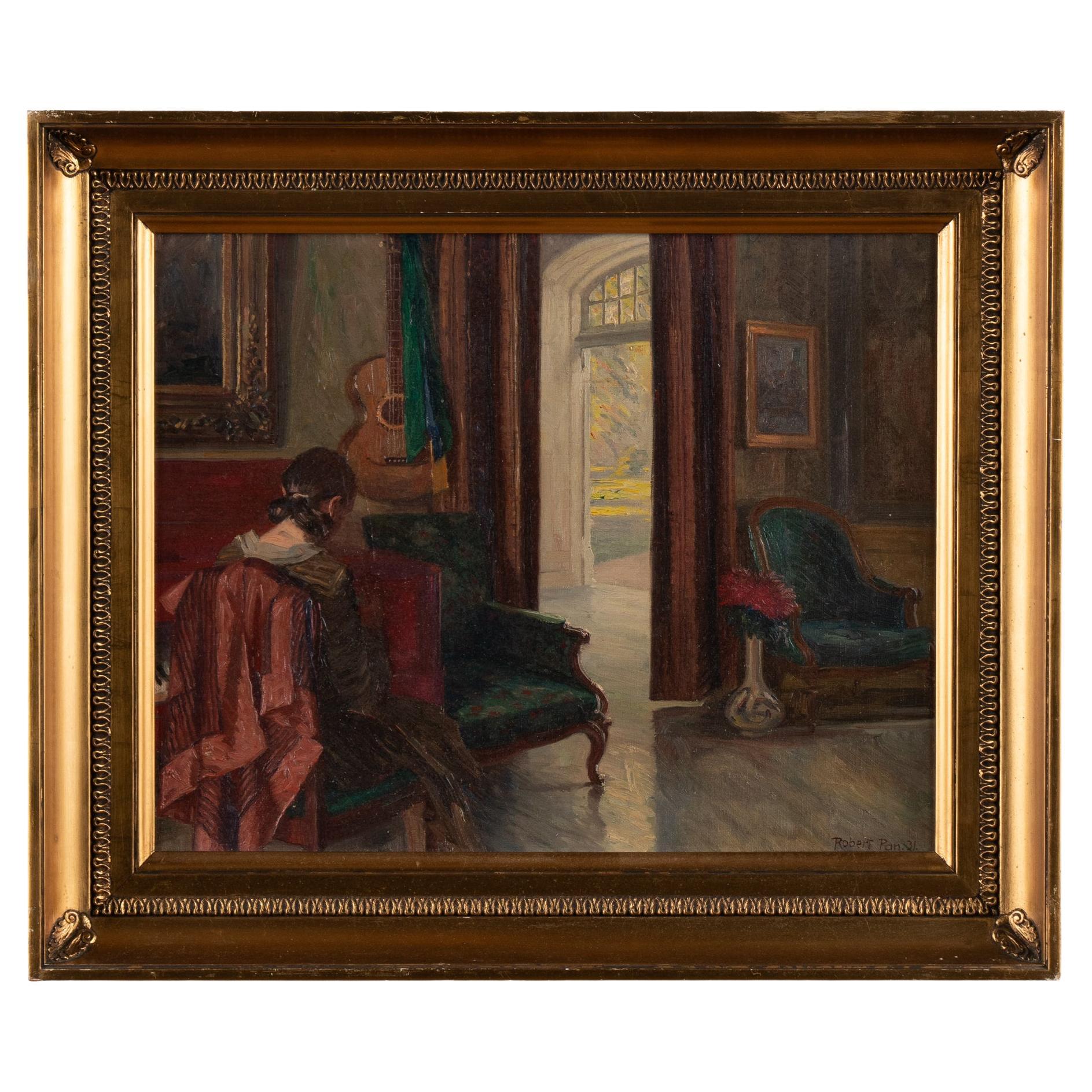 Oil on Canvas Interior with Girl, Signed/dated Robert Gustav Otto Panitzsch 1931