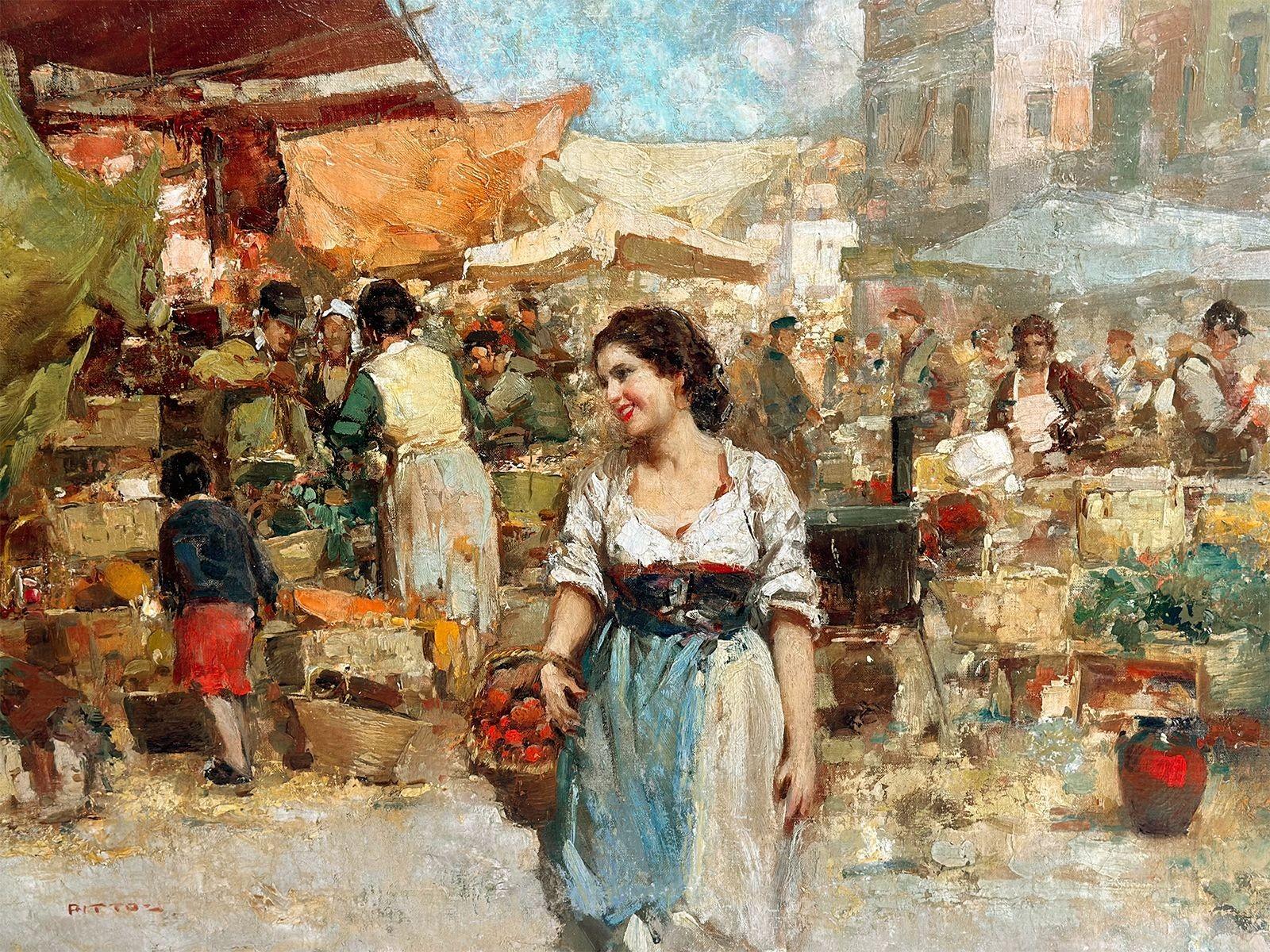 Traditional oil on canvas by Giuseppe Pitto depicting a beautiful young woman in a street market; she stands out from the scene since the background, the buildings, villagers, and stands have all been painted with small brushstrokes, unblended