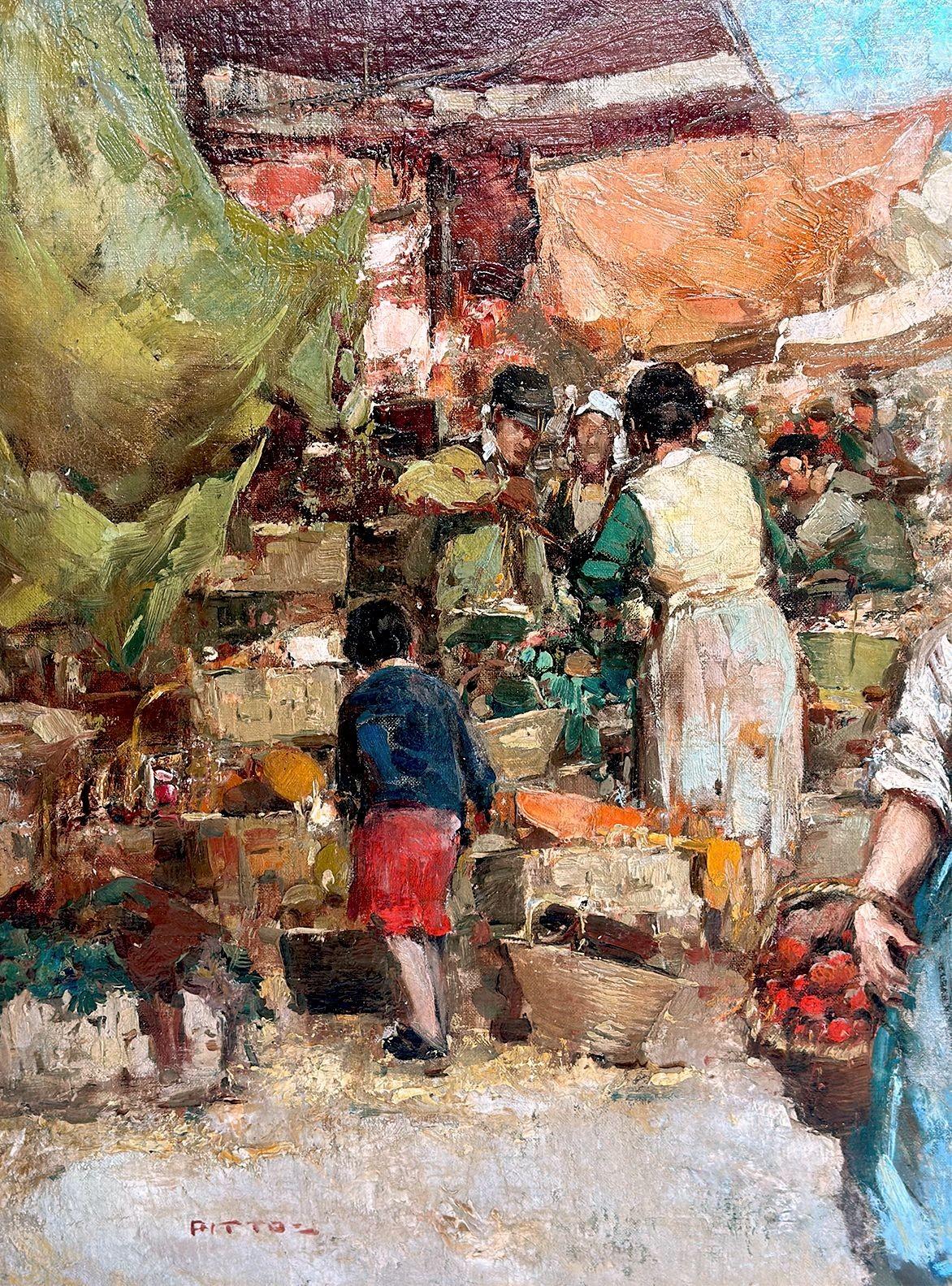 Oil on Canvas Italian Market Scene by Giuseppe Pitto In Good Condition For Sale In Los Angeles, CA