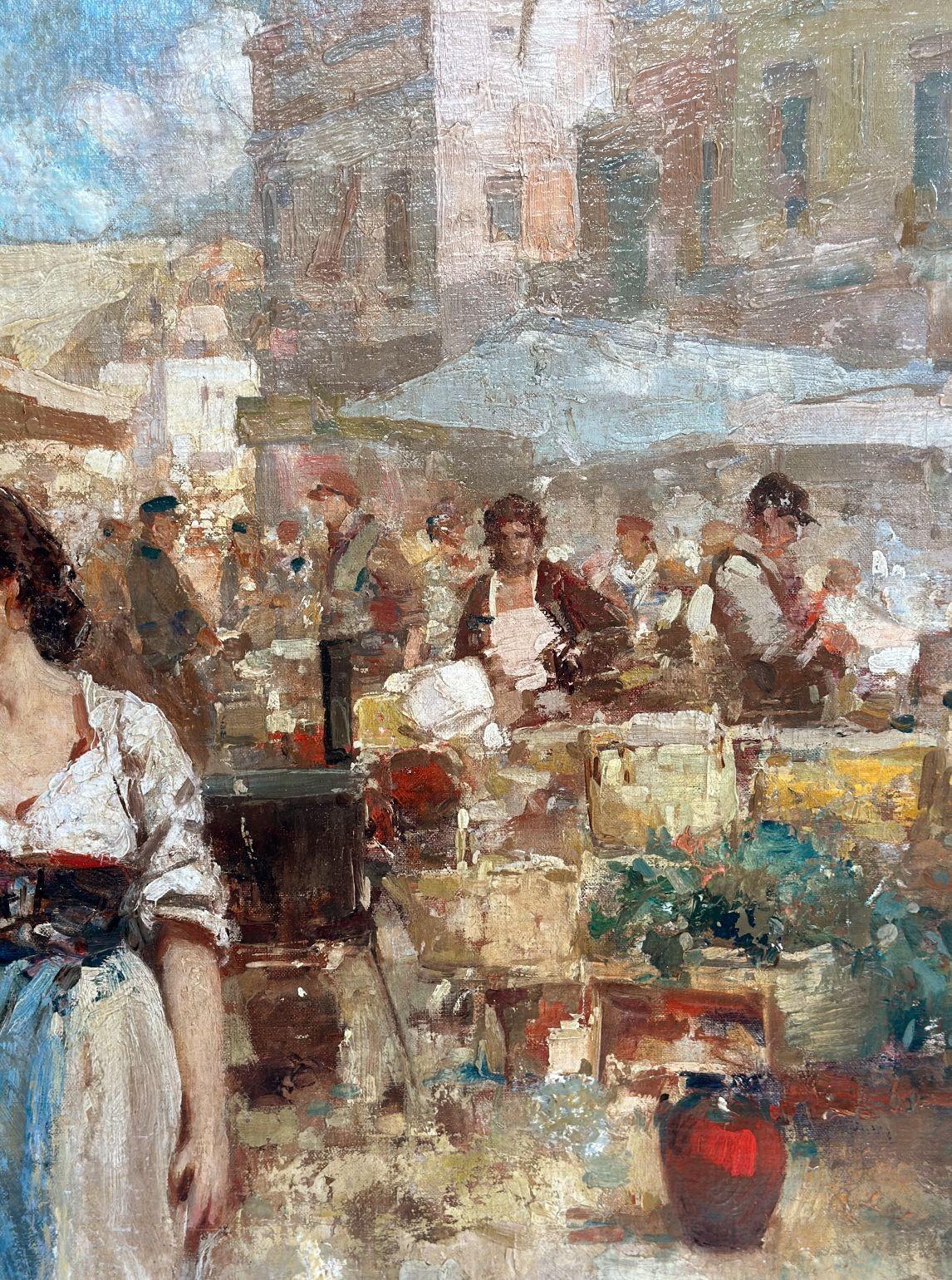 Early 20th Century Oil on Canvas Italian Market Scene by Giuseppe Pitto For Sale