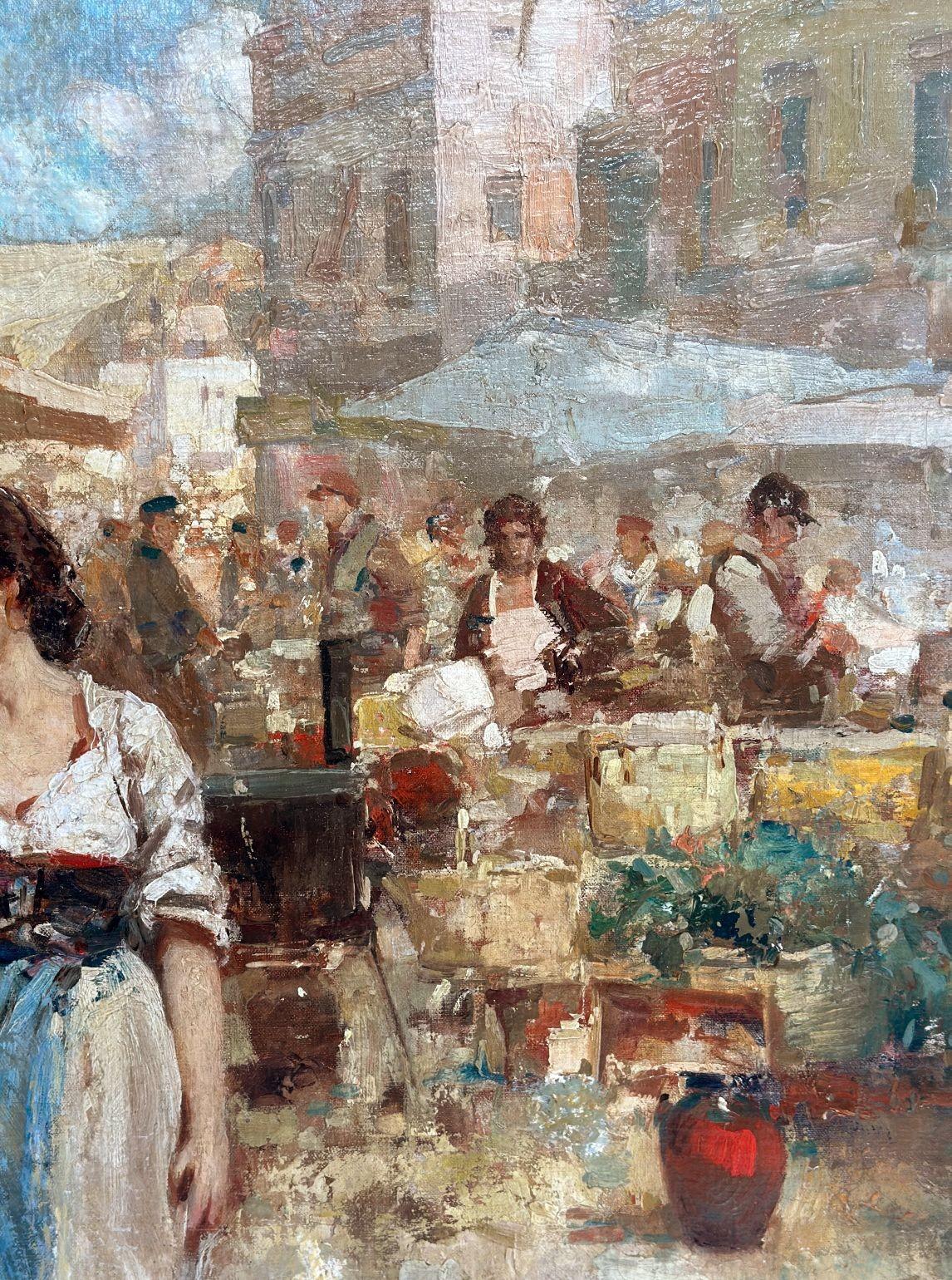 Oil on Canvas Italian Market Scene by Giuseppe Pitto In Good Condition For Sale In Los Angeles, CA
