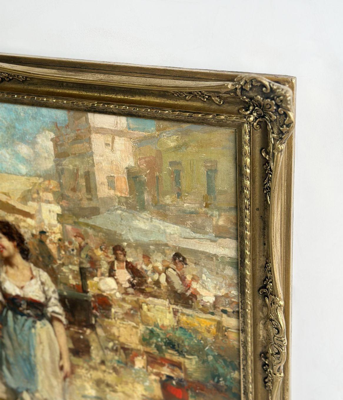 Early 20th Century Oil on Canvas Italian Market Scene by Giuseppe Pitto For Sale