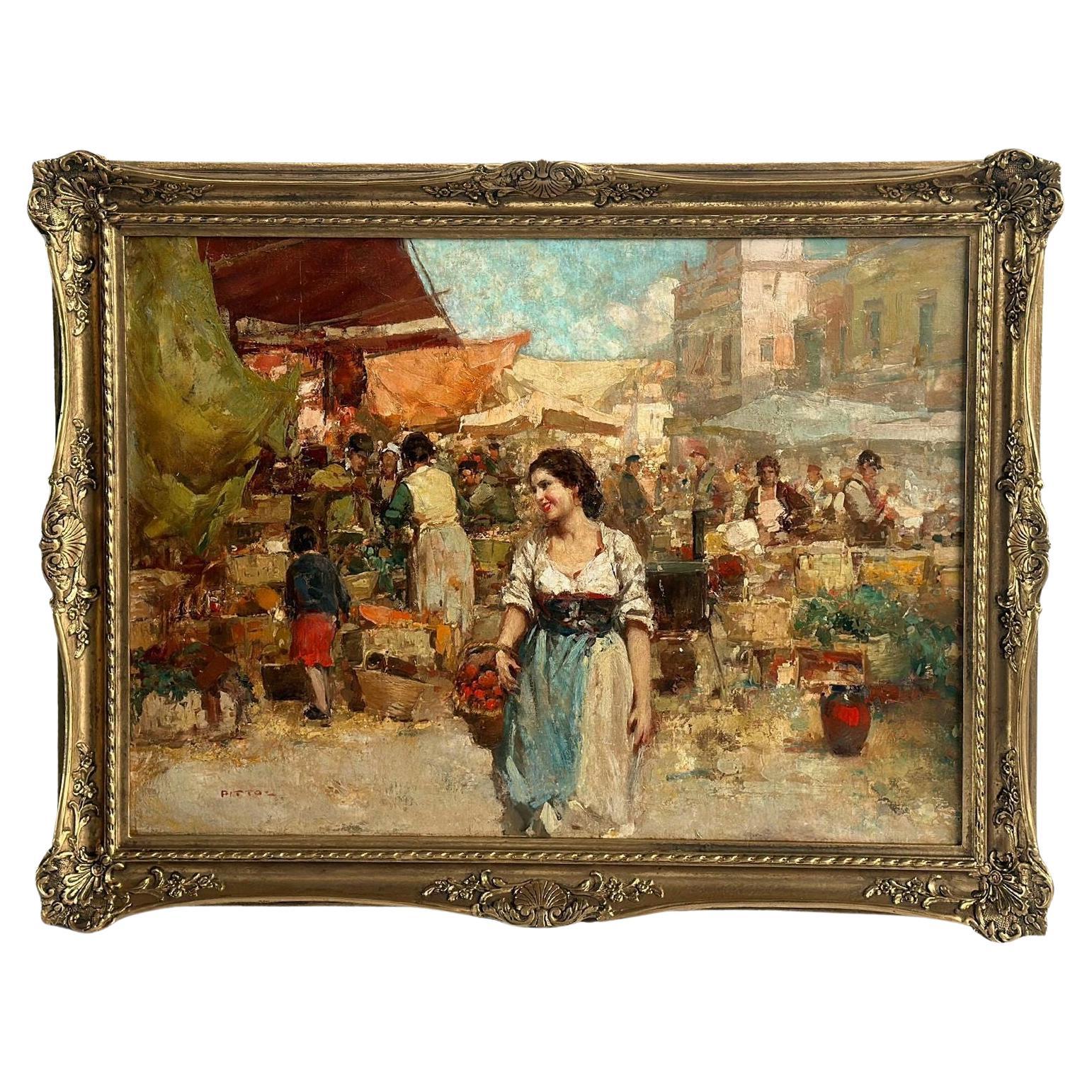 Oil on Canvas Italian Market Scene by Giuseppe Pitto For Sale