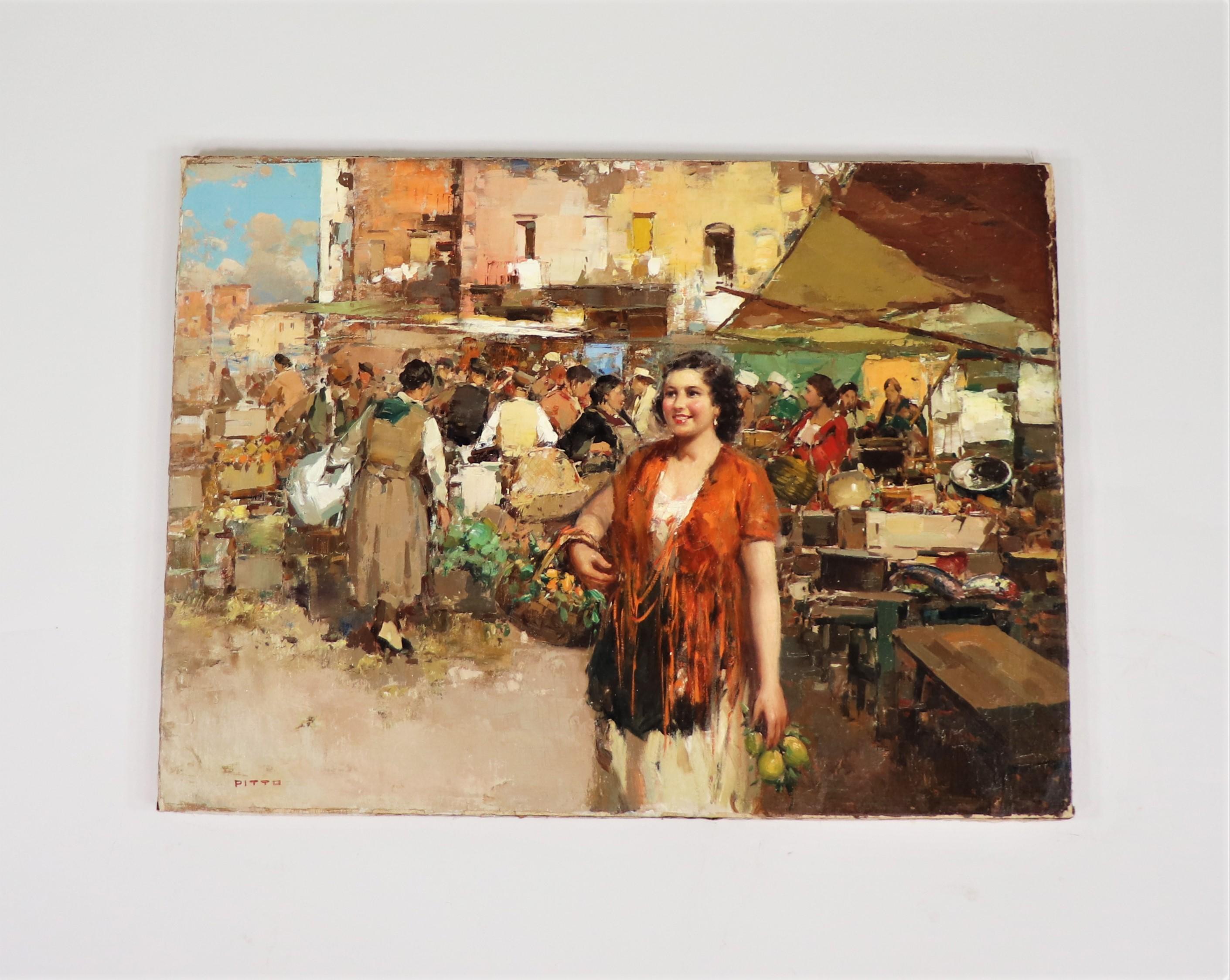 Giuseppe Pitto (Italien 1857 - 1928) est souvent connu pour ses peintures représentant de jolies femmes dans les marchés de rue italiens. Cette scène peinte de manière exubérante est réalisée dans le style réaliste. Le réalisme est devenu un