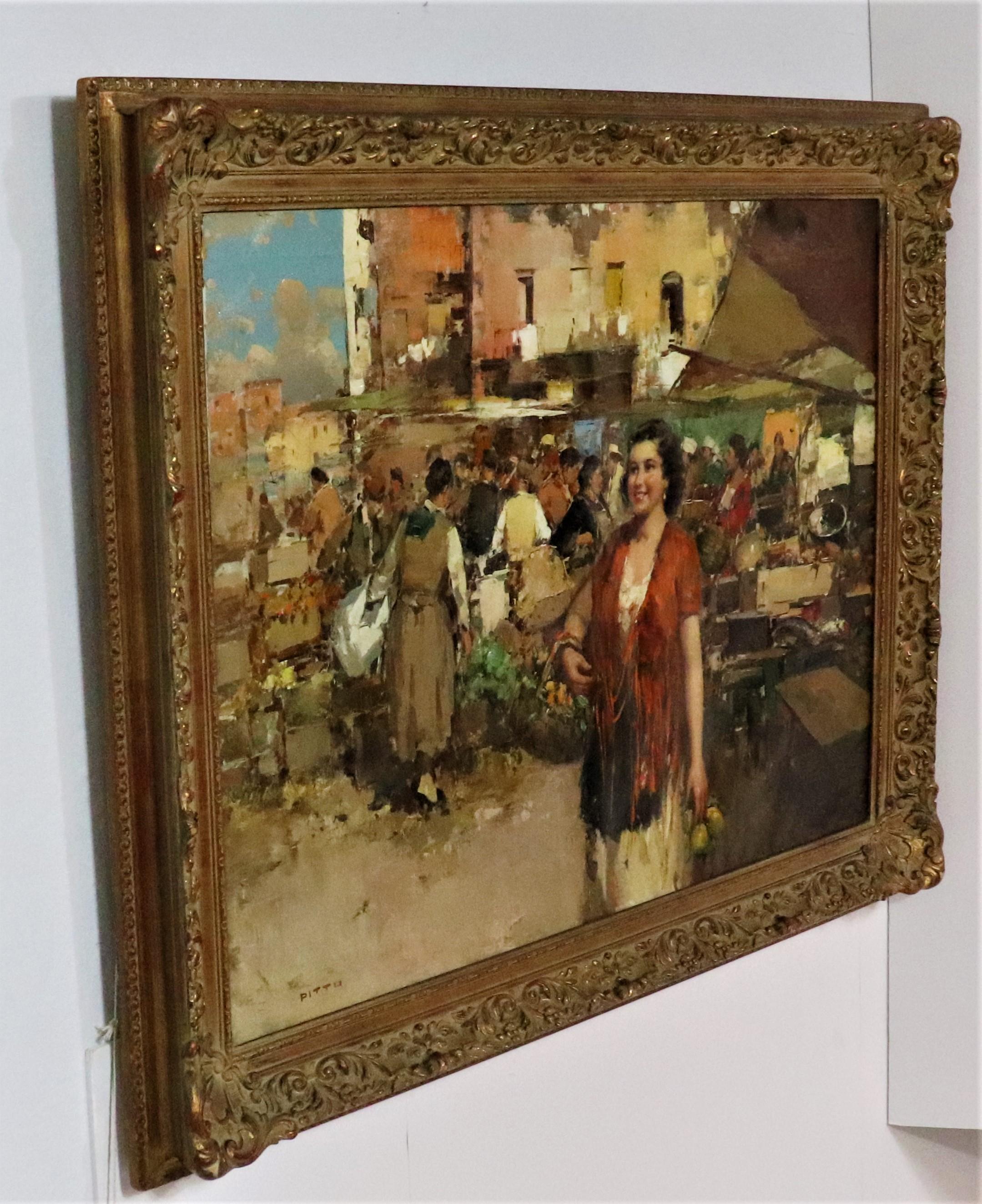 Autre Huile sur toile - Scène de marché italienne par Giuseppe Pitto (italien 1857-1928) en vente