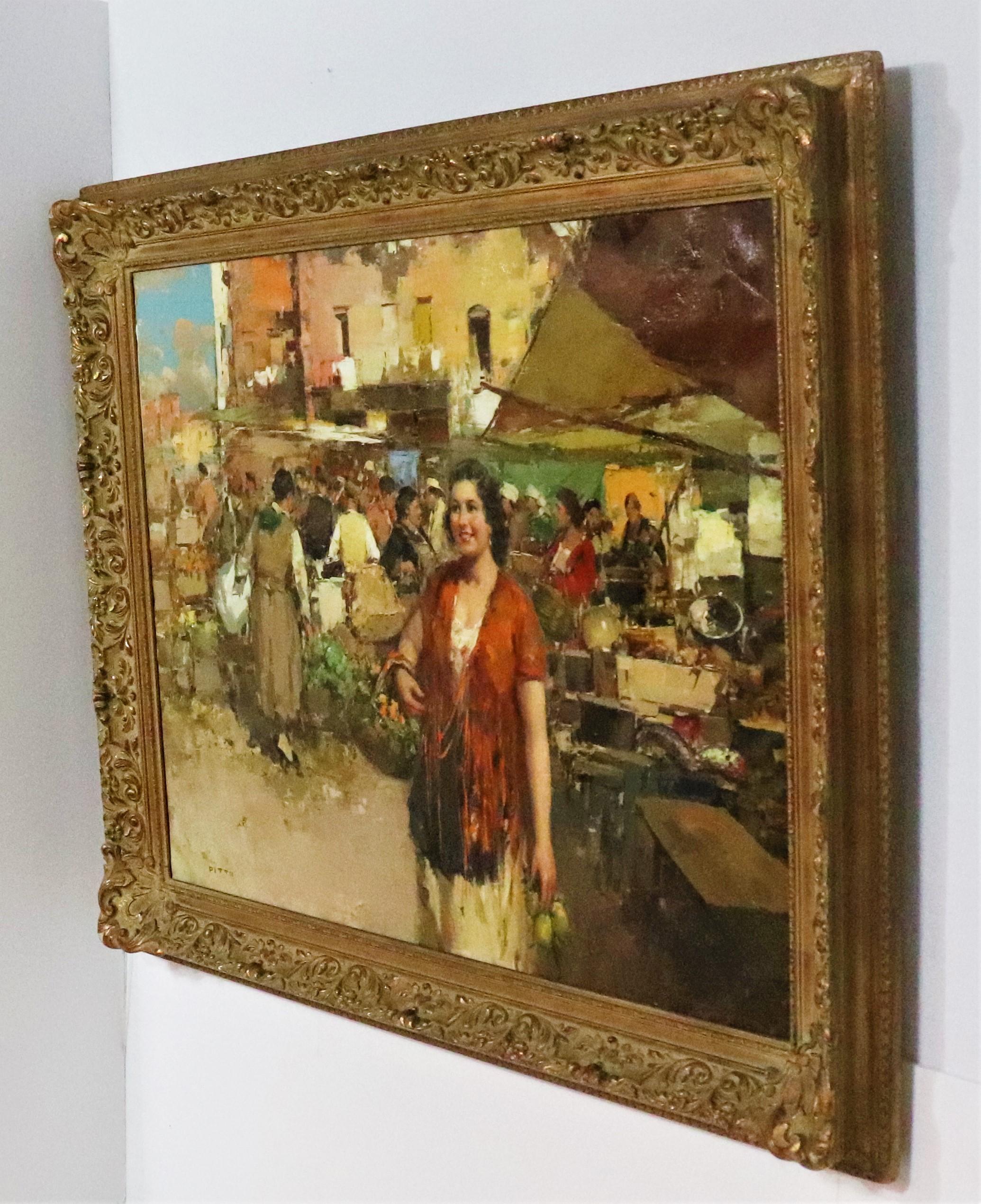 Peint à la main Huile sur toile - Scène de marché italienne par Giuseppe Pitto (italien 1857-1928) en vente