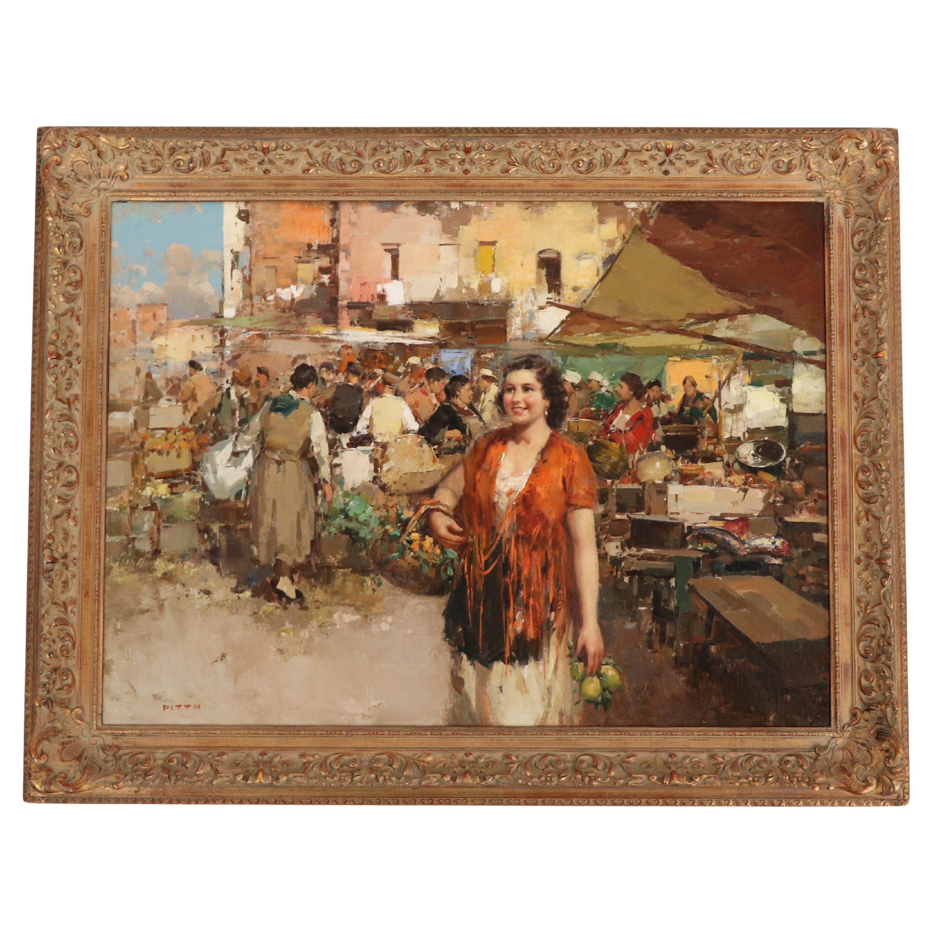 Huile sur toile - Scène de marché italienne par Giuseppe Pitto (italien 1857-1928)