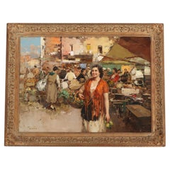 Antique Oil on Canvas Italian Street Market Scene by Giuseppe Pitto