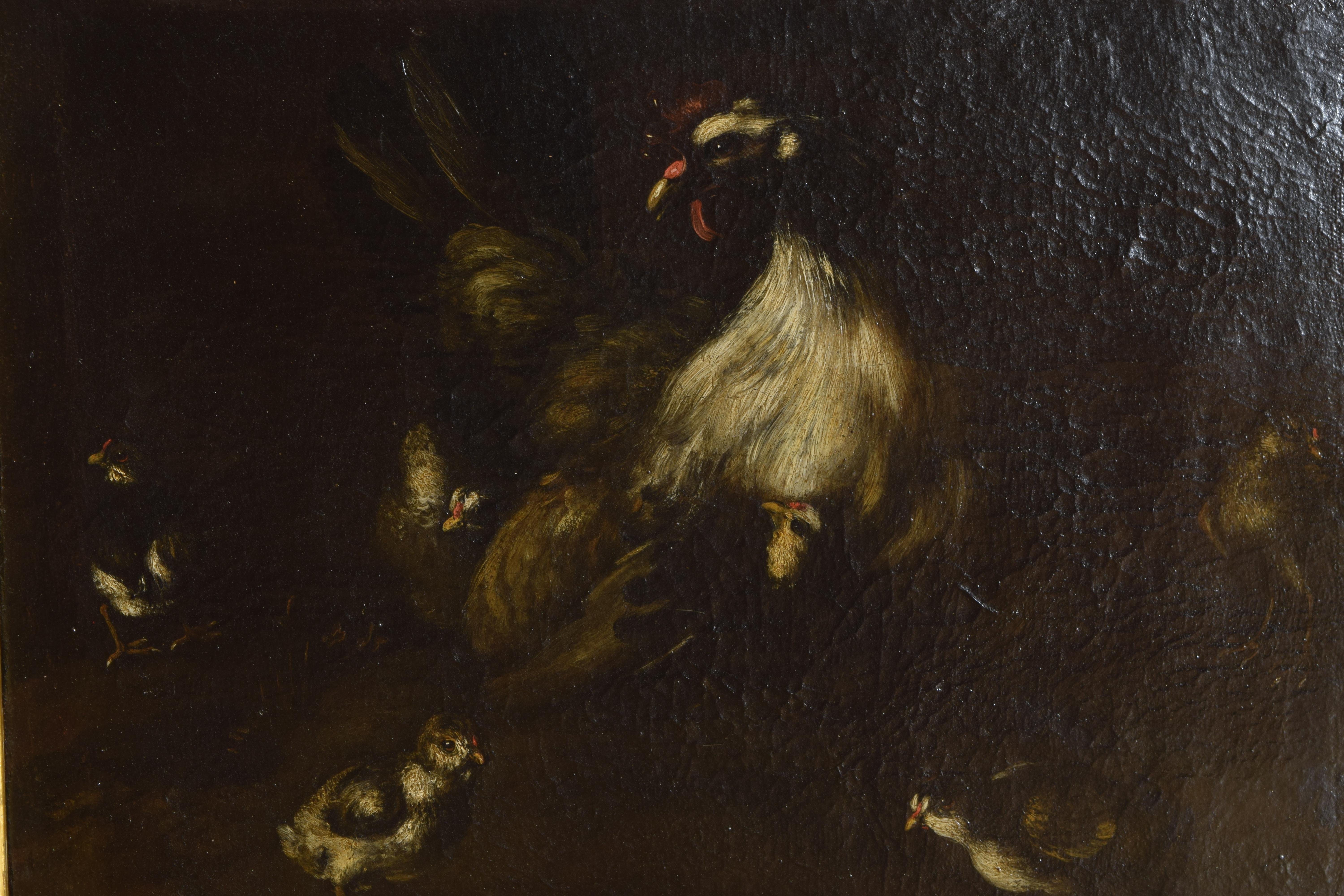 Italian Oil on Canvas, Italy, Emilian School, Mother Hen with Chicks, Early 18th Cen. For Sale