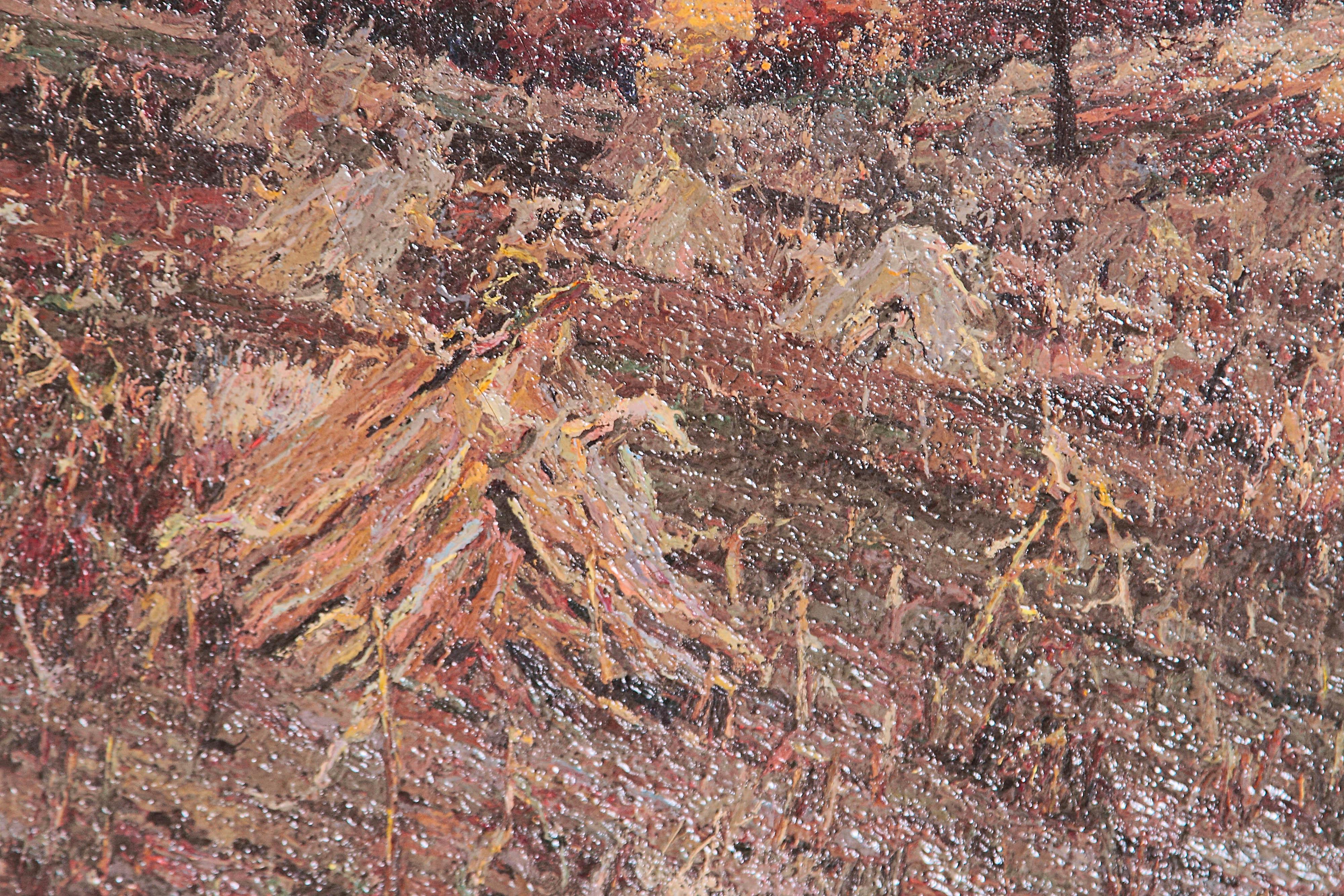 Une huile sur toile américaine magnifiquement peinte de manière réaliste d'un champ de foin. au premier plan et des arbres au loin. La technique de l'empâtement ajoute une touche impressionniste. circa 1880, par l'artiste américain Henry Charles