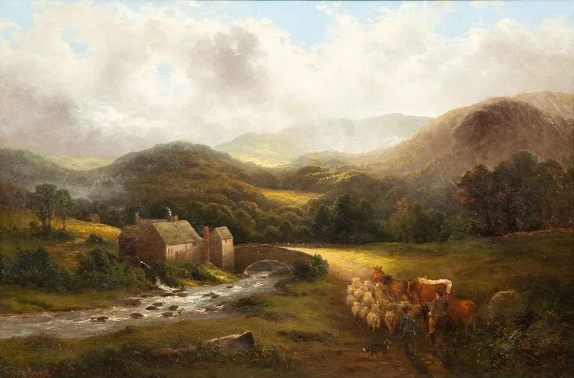 Captivating oil on canvas landscape, made in 1882 by Cyrus Buott, captures a pastoral scene with masterful detail and serene beauty. The painting portrays a charming cottage nestled amidst nature, accompanied by a shepherd tending to a flock of