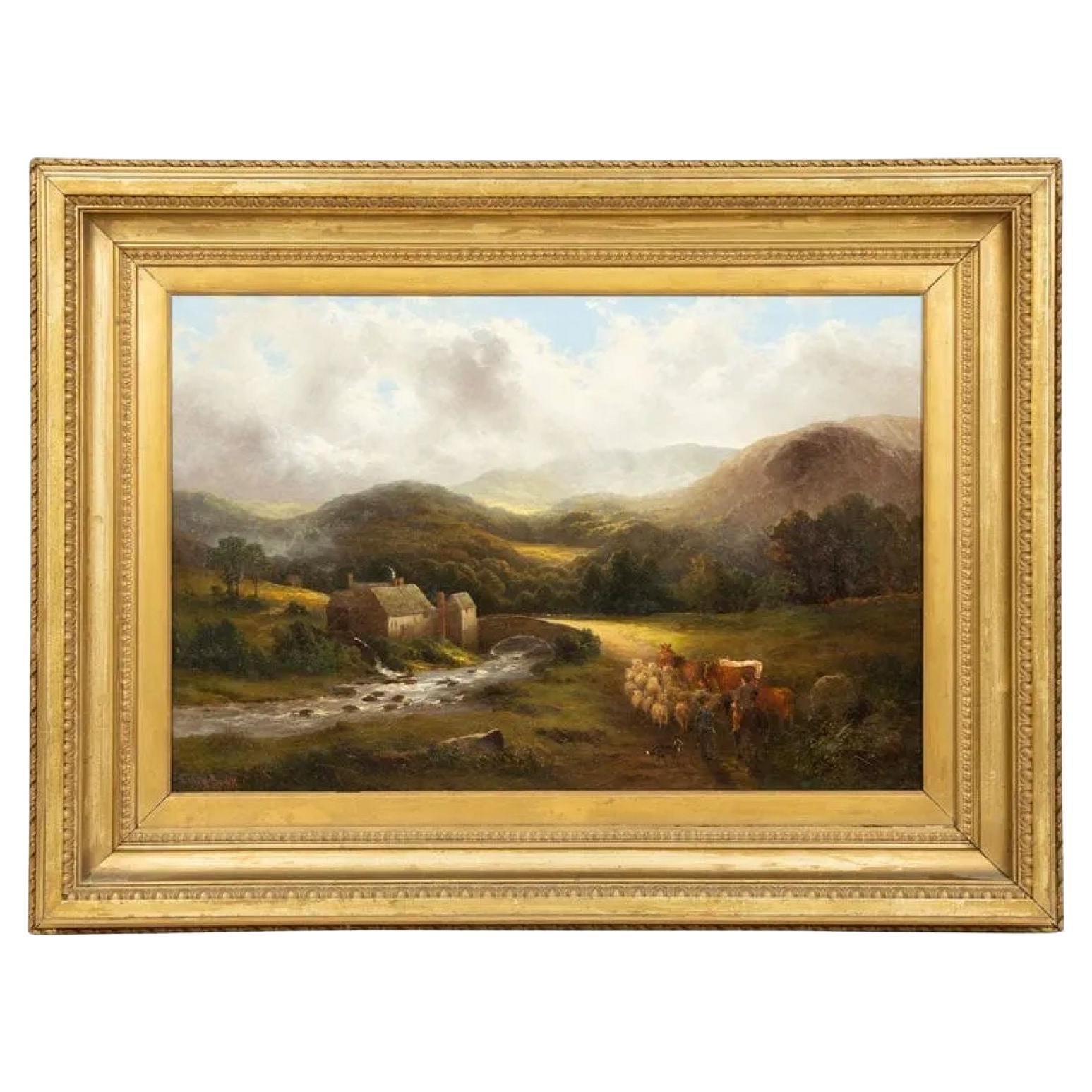 Huile sur toile Paysage d'un berger par Cyrus Buott, 1882 en vente
