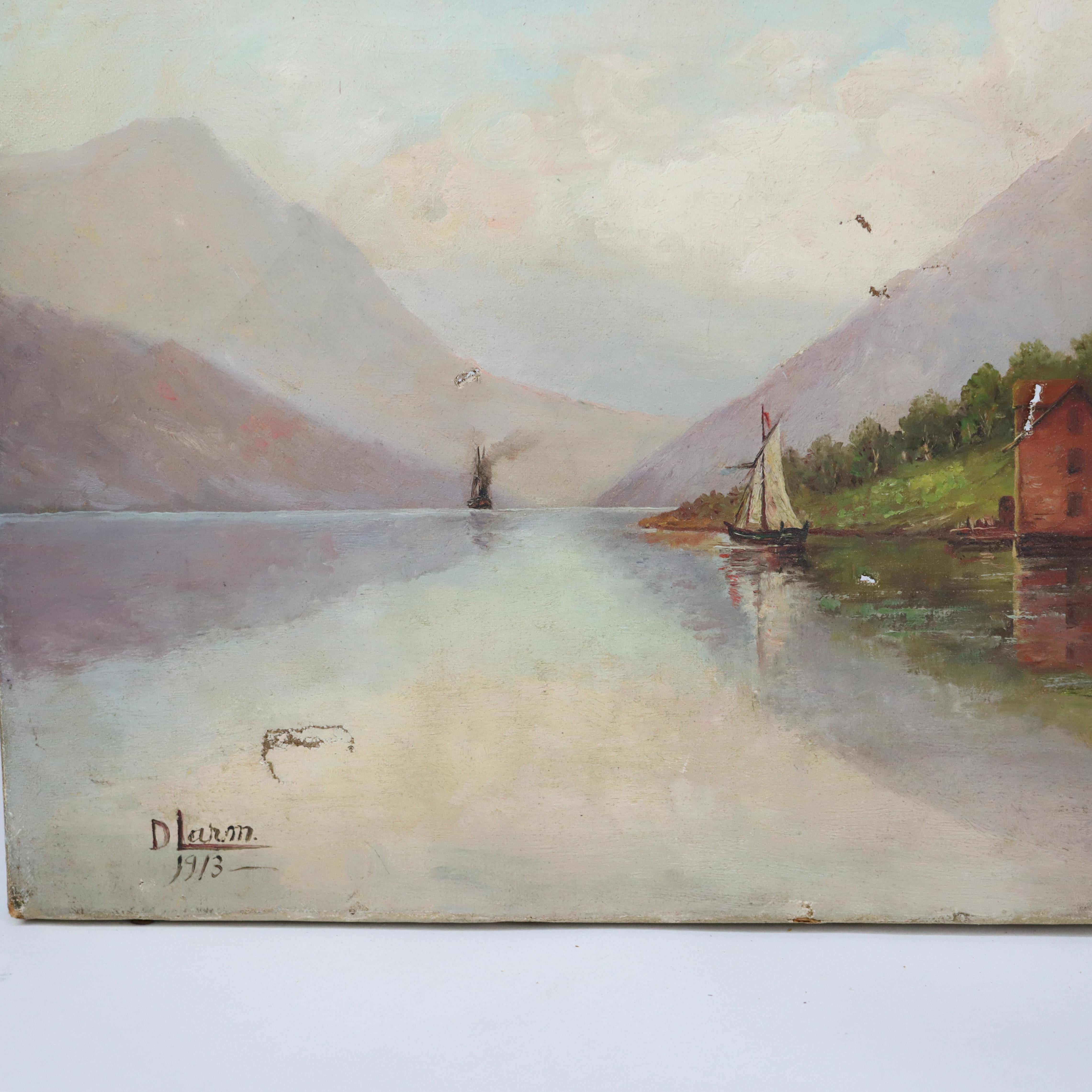 Öl auf Leinwand Landschaftsgemälde des Hardangerfjords in Norwegen von Larm C1913, Öl im Zustand „Gut“ im Angebot in Big Flats, NY