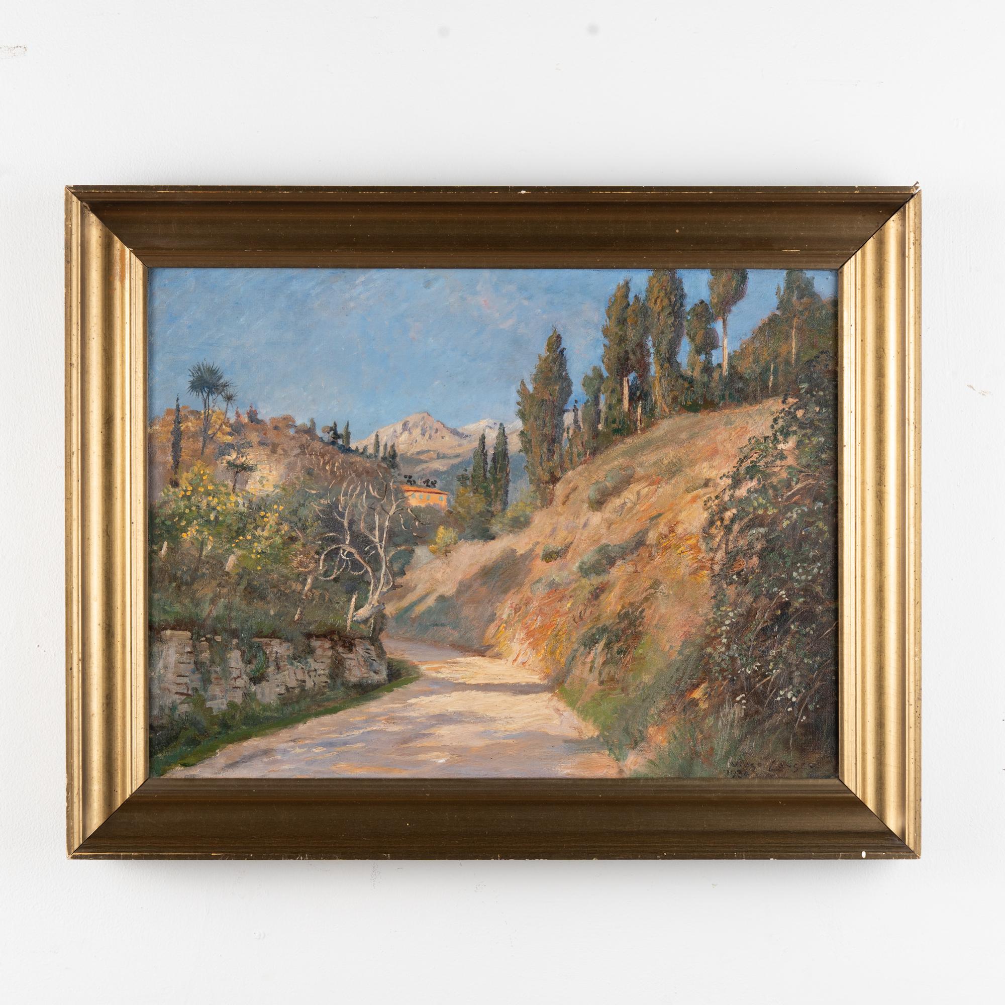 Pintura original al óleo sobre lienzo de una vista desde Garavan en Menton, Francia, con la montaña a lo lejos.
Firmado y fechado Viggo Langer 1930.
Estado de conservación: Retoques y agujeros de alfiler en el borde superior. Bordes de la lona