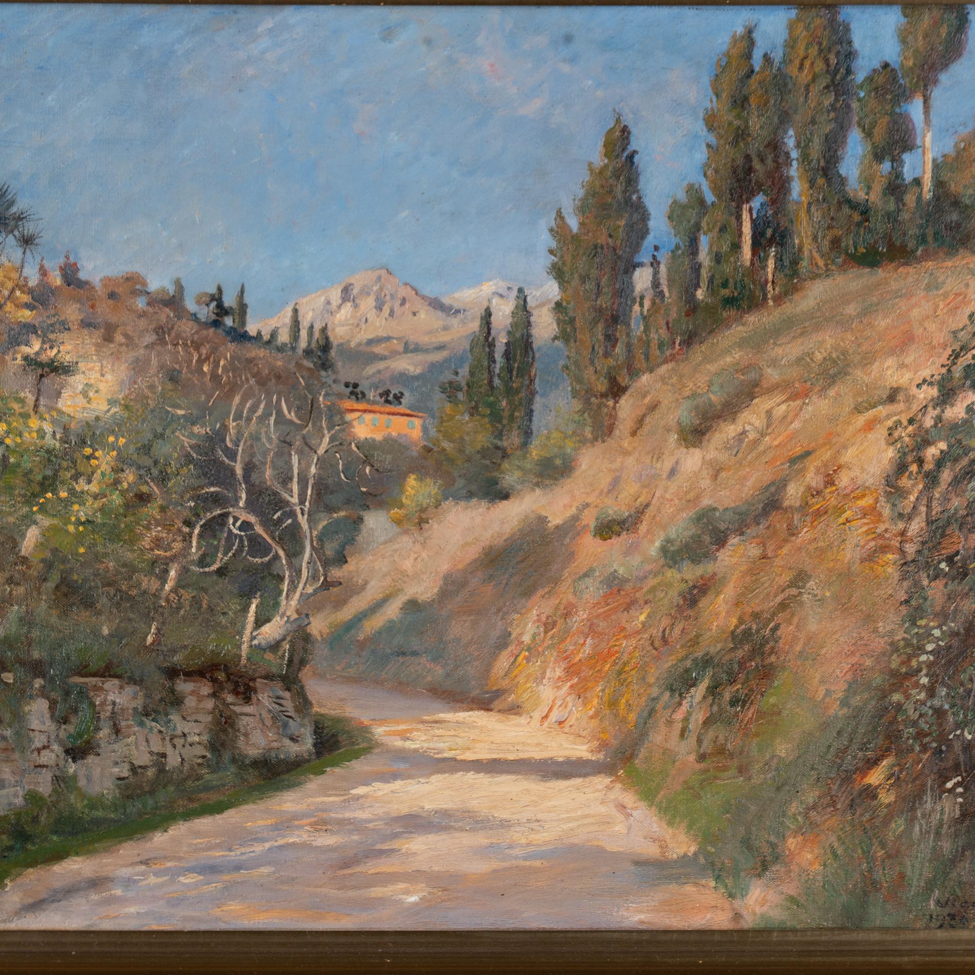 Pintura al óleo sobre lienzo Paisaje de vista en Menton, firmada Viggo Langer 1930 Danés en venta