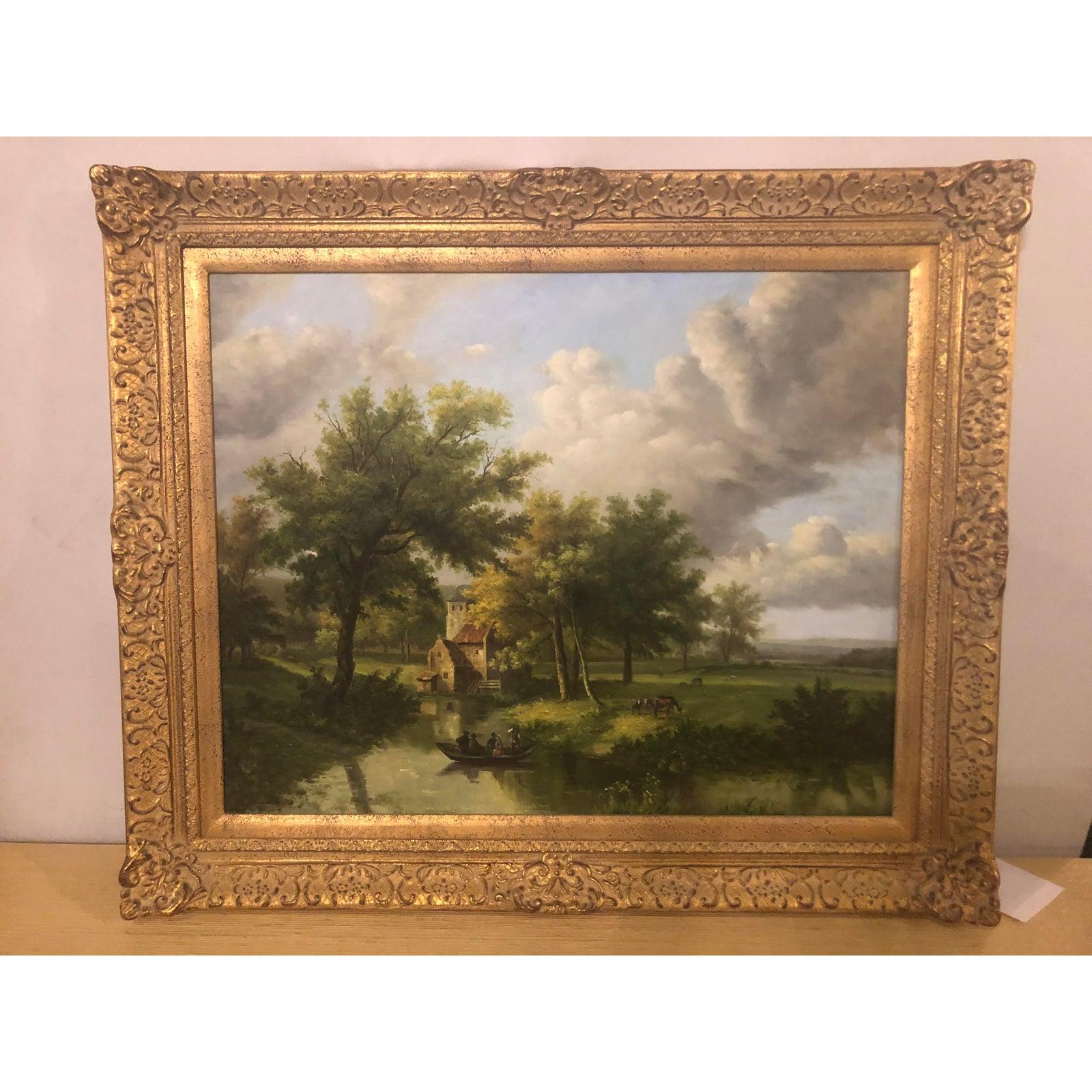 A beautiful oil on canvas landscaping painting. The painting features so many details of country daily life and is presented in a hand carved gilt custom gilt frame. 

Measures: Framed - H 31