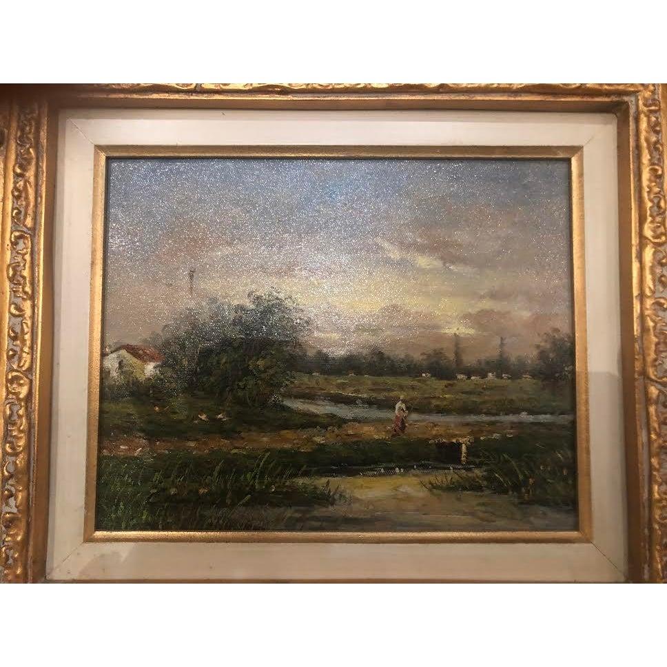 Oil on canvas landscape painting signed by Artist 
An elegant landscape oil on canvas painting in a fine custom gilt frame. The painting is signed by artist. 

Framed: 17.75