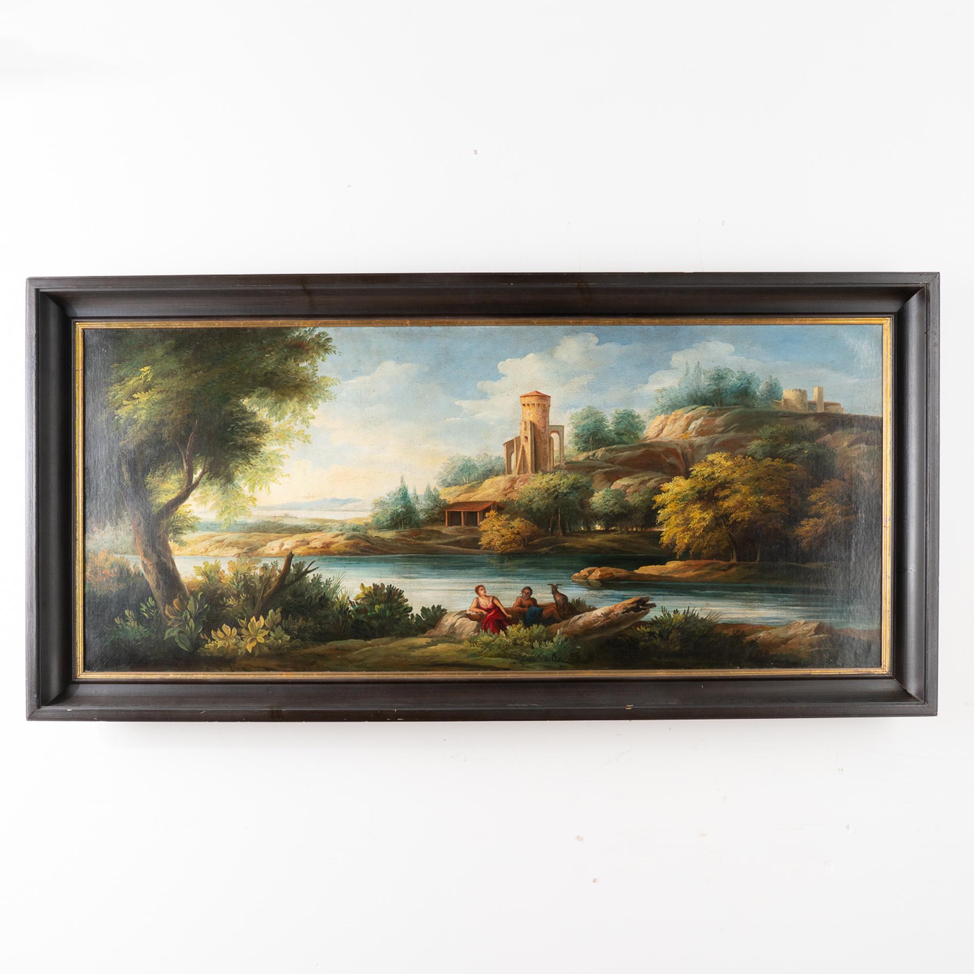 Original oil on canvas painting of landscape with resting couple in the foreground and castle on the distant hill (upper right corner).
The impressive 6' length adds to the visual impact of this lovely old painting displaying lovely hues of blues