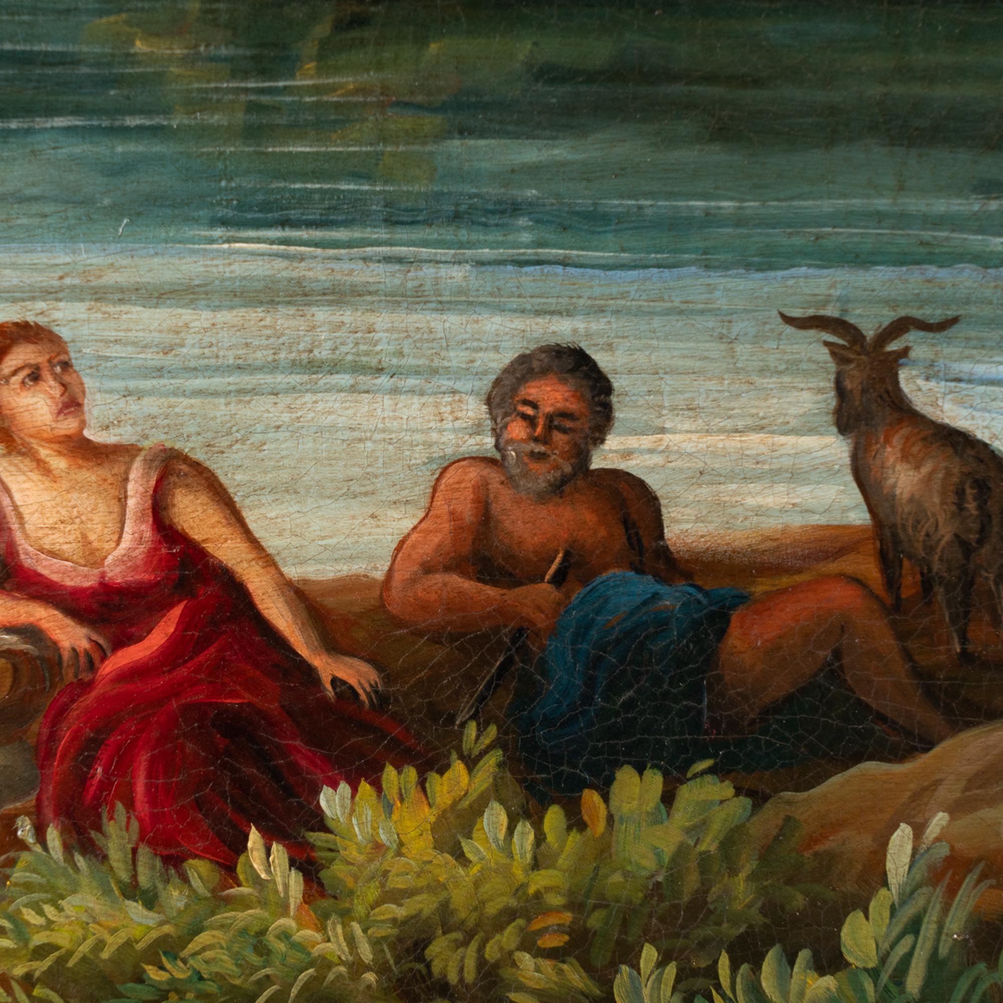 italien Peinture à l'huile sur toile - Paysage avec femme et homme par une rivière, Italie, vers 1800-40 en vente