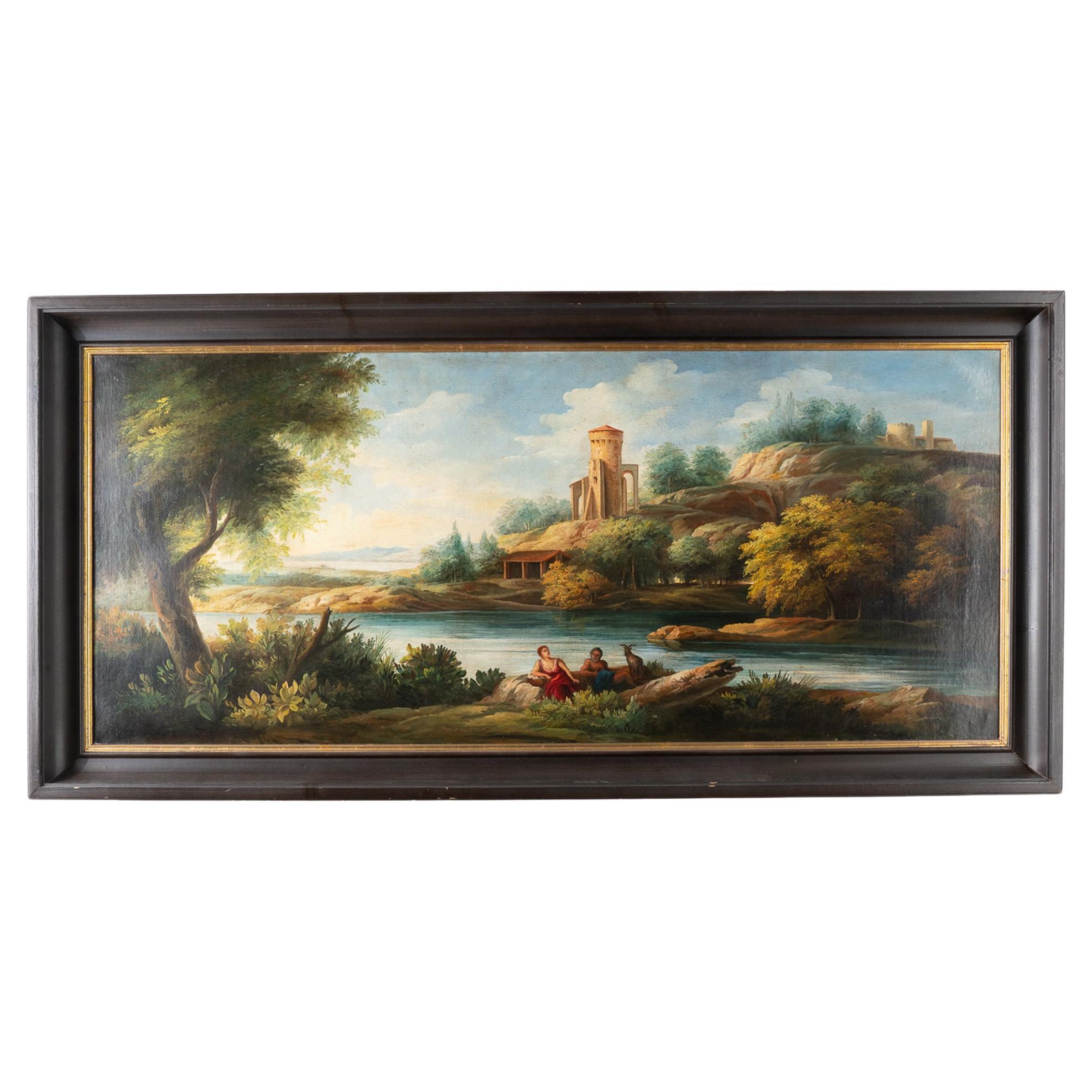 Peinture à l'huile sur toile - Paysage avec femme et homme par une rivière, Italie, vers 1800-40 en vente