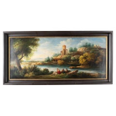 Oil on Canvas Landscape Painting with Woman & Man by River, Italy, circa 1800-40
